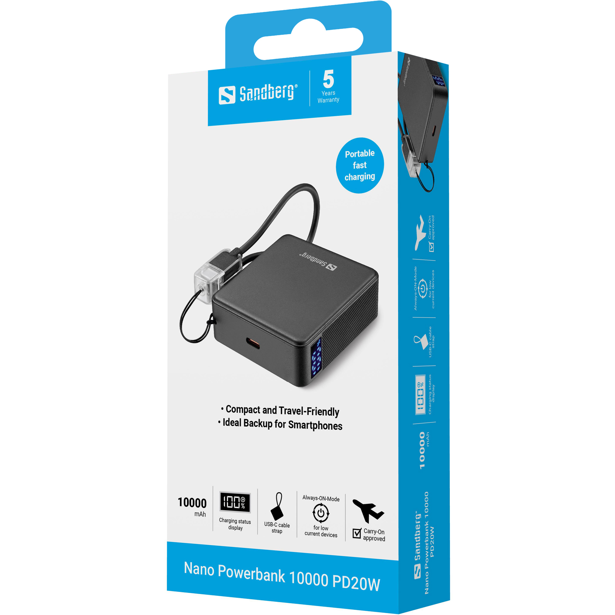 Powerbank noire Sandberg Nano 10000 PD20W avec câble USB-C et écran de charge.