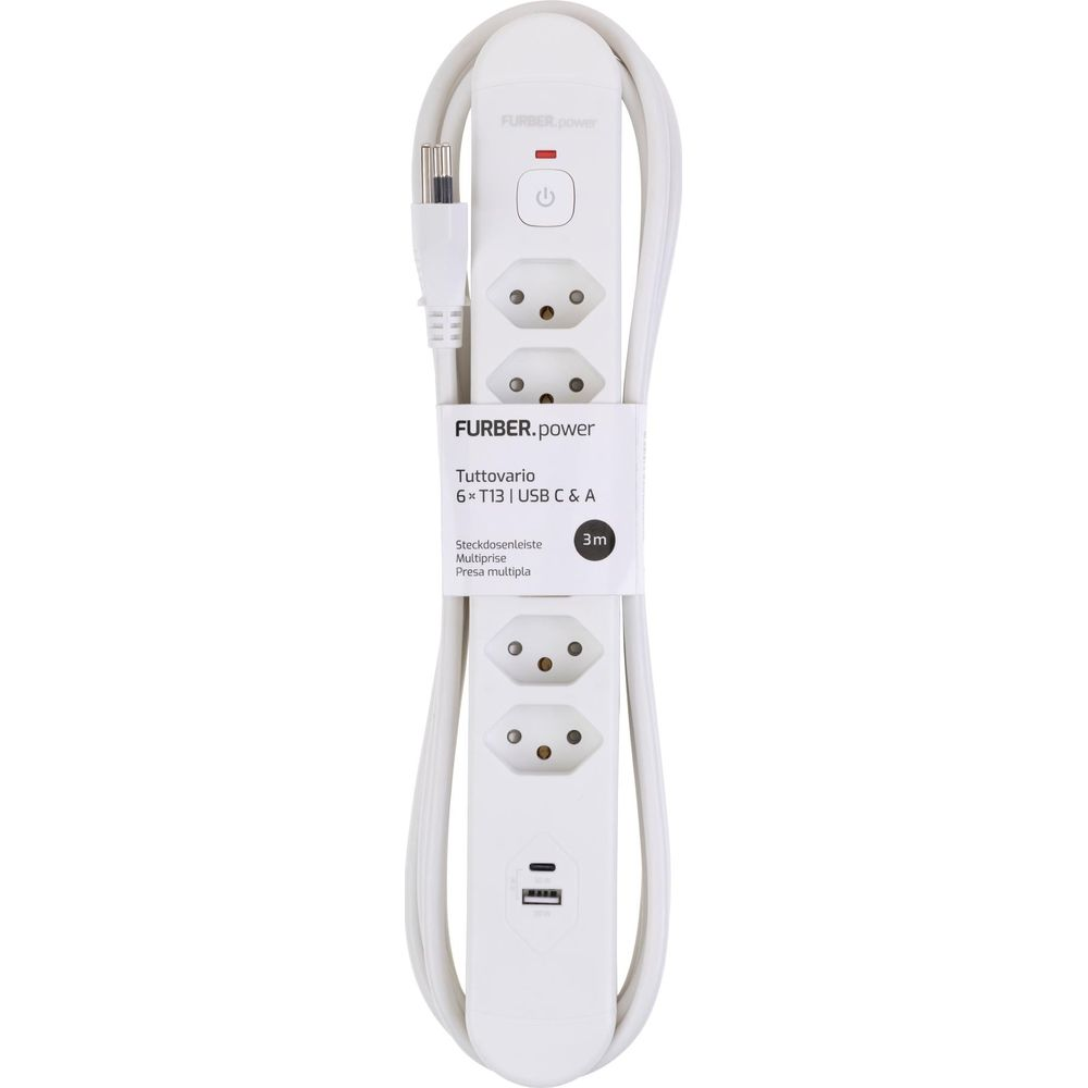 Ein weißer Mehrfachsteckdosenadapter mit sechs Steckdosen und USB-Anschlüssen.