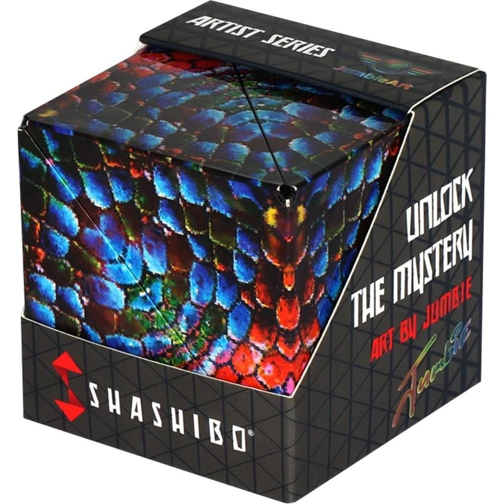 Una scatola puzzle Shashibo con motivo a scaglie colorate, 