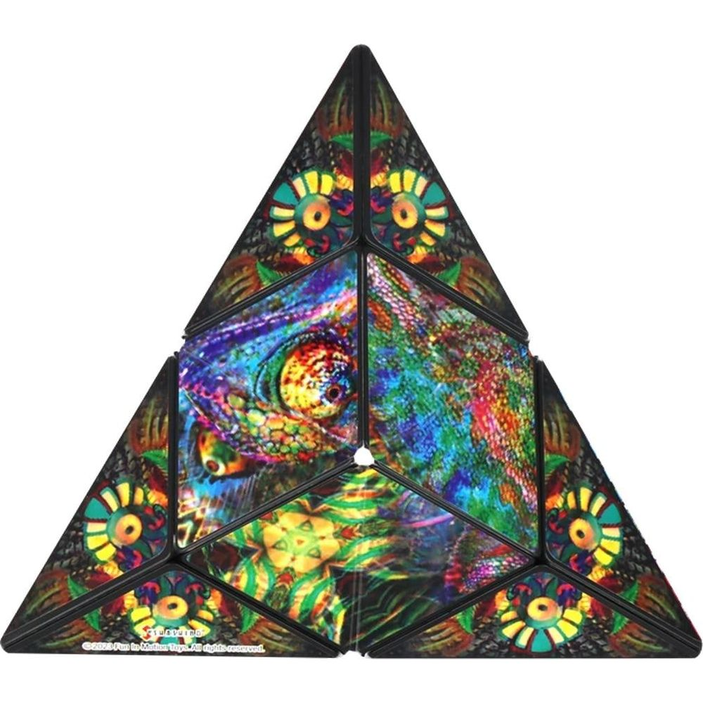 Un puzzle triangolare con un camaleone e motivi colorati.
