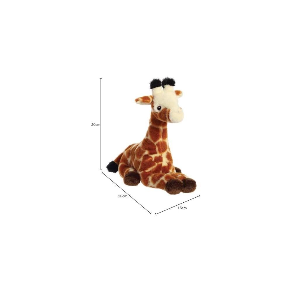 Une peluche girafe marron et orange tachetée de noir est assise.