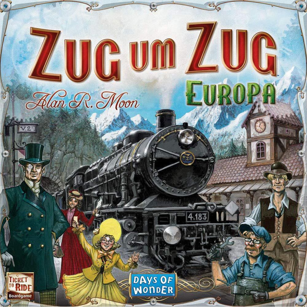 Copertina gioco da tavolo: Treno, persone, montagne. Titolo: Zug um Zug Europa.