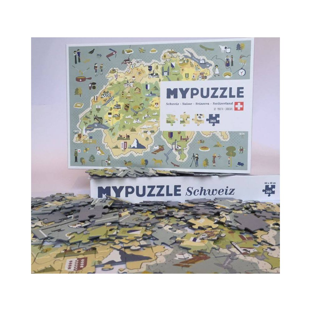 Eine Puzzlebox und viele Puzzleteile mit einer Schweizkarte und Illustrationen.
