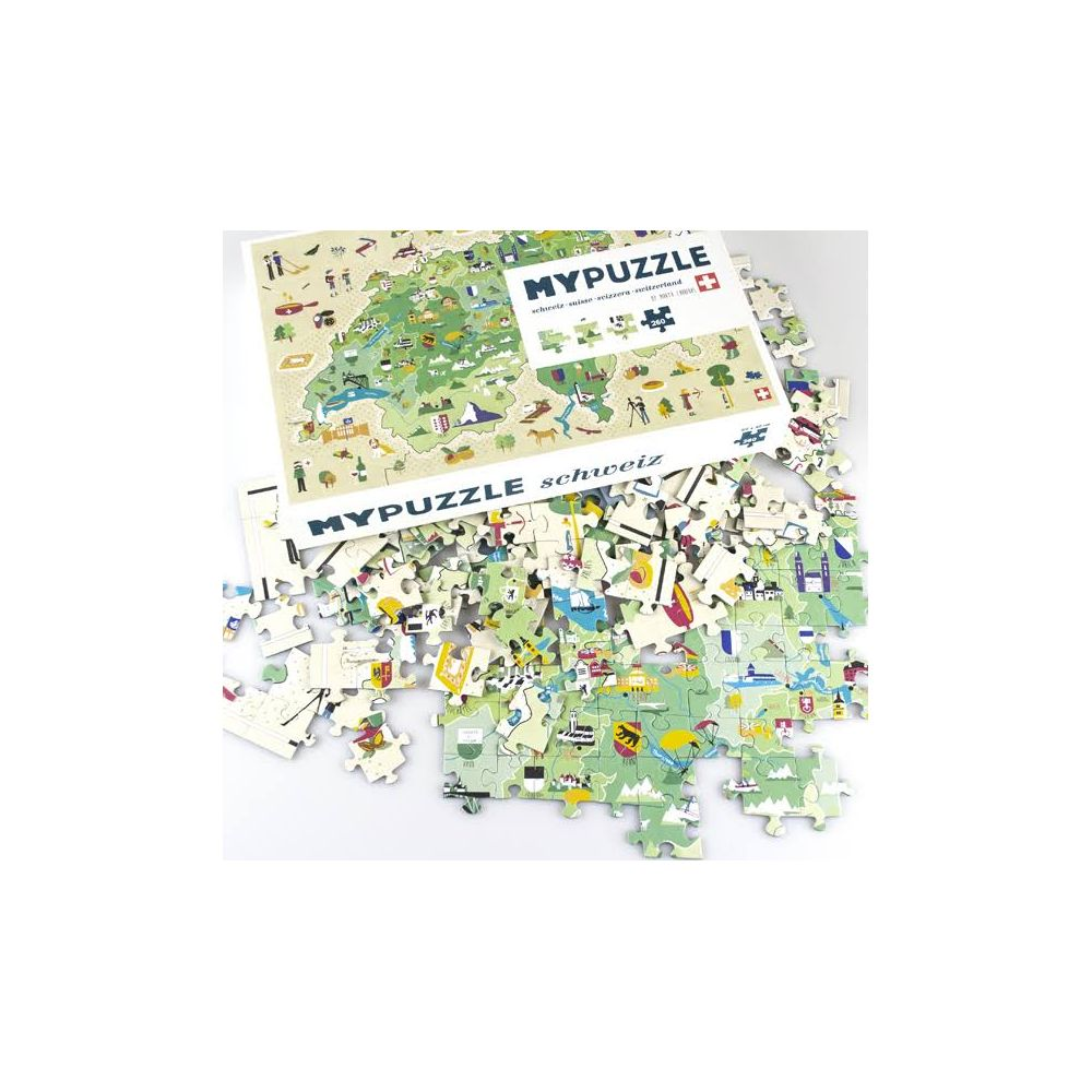 Ein zerlegtes Puzzle mit der Abbildung der Schweiz und vielen kleinen bunten Bildern.