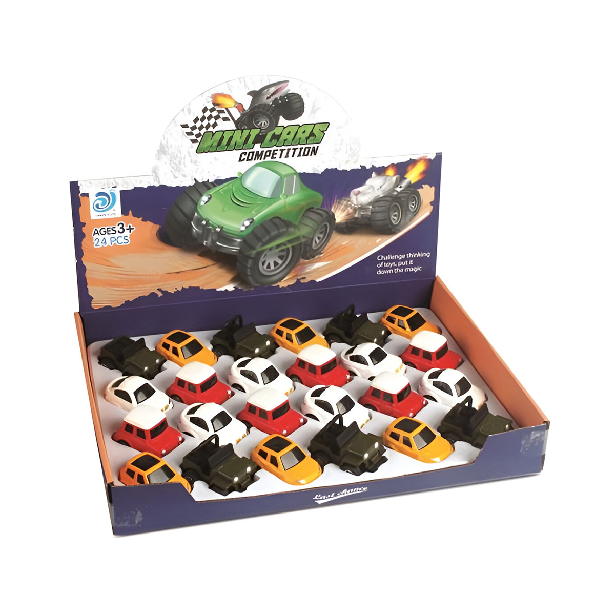 Scatola con molte mini macchinine giocattolo colorate, etichettata 'Mini Cars Competition'.