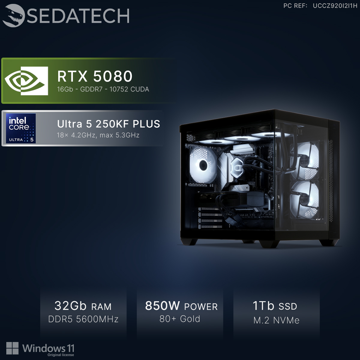 PC met RTX 5080, Intel Ultra 5, 32GB RAM, 850W voeding, 1TB SSD, Windows 11.