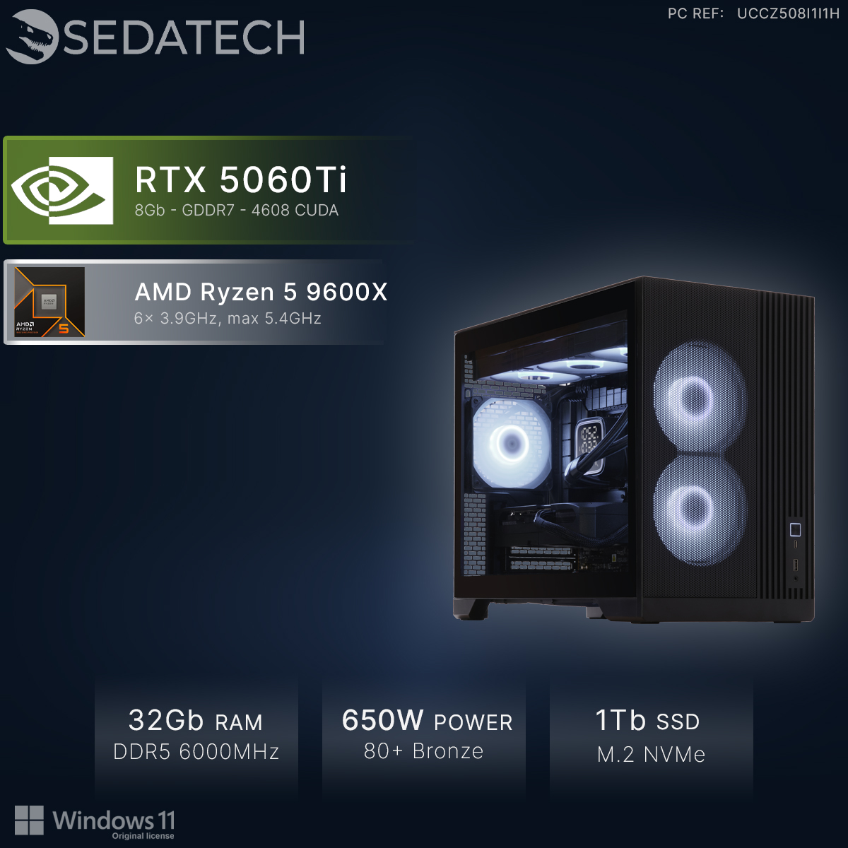 Sedatech PC met RTX 5060Ti, Ryzen 5 9600X, 32GB DDR5 RAM, 650W voeding, 1TB SSD, Win 11.
