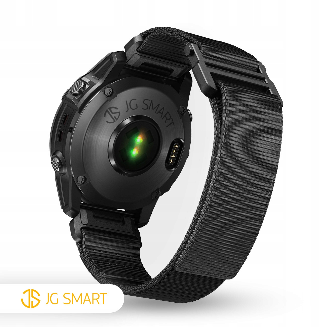Czarny smartwatch z czujnikiem tętna i czarnym paskiem materiałowym.