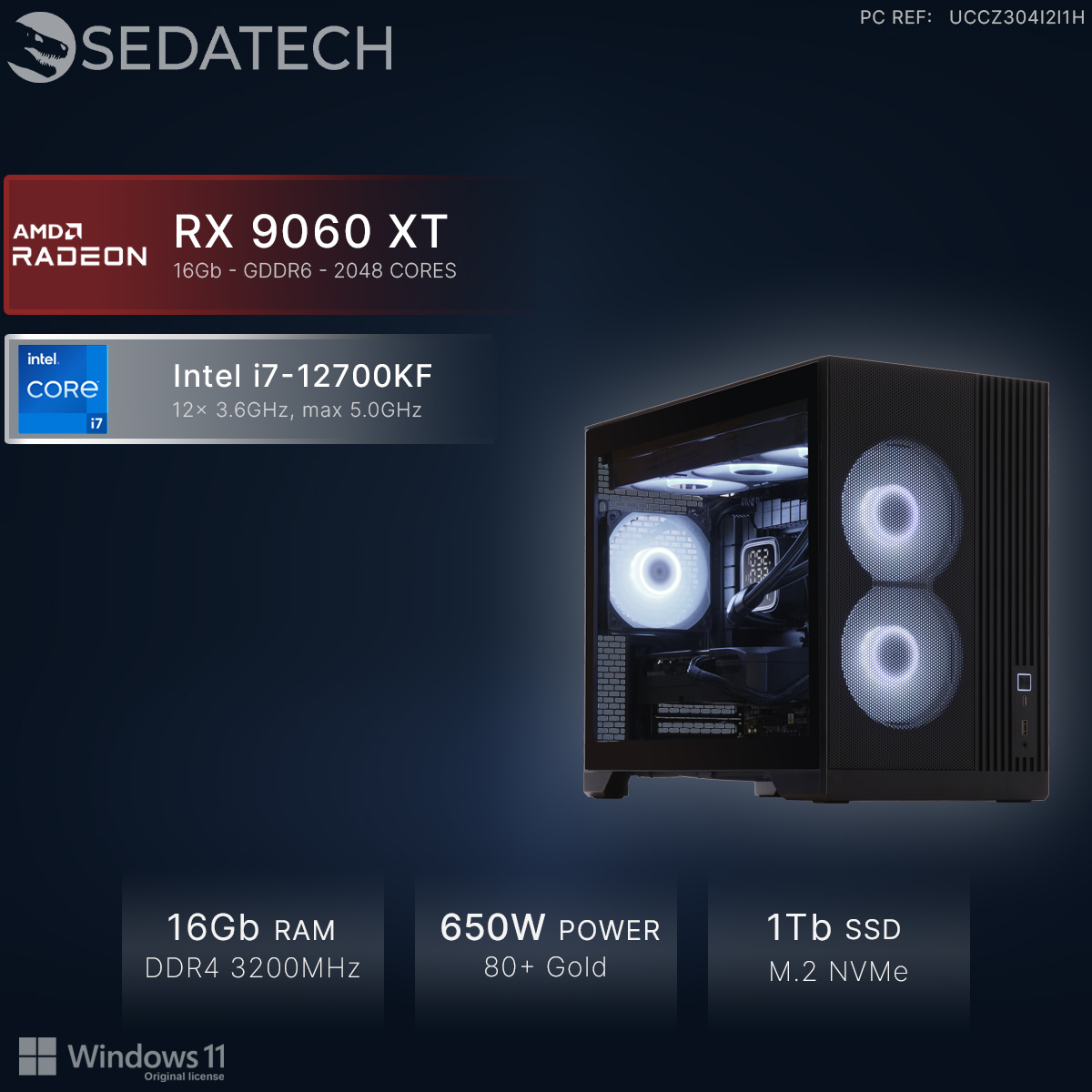 Zwarte pc met RGB-ventilatoren, AMD Radeon RX 9060 XT, Intel i7-12700KF, 16GB RAM, 650W PSU, 1TB SSD.