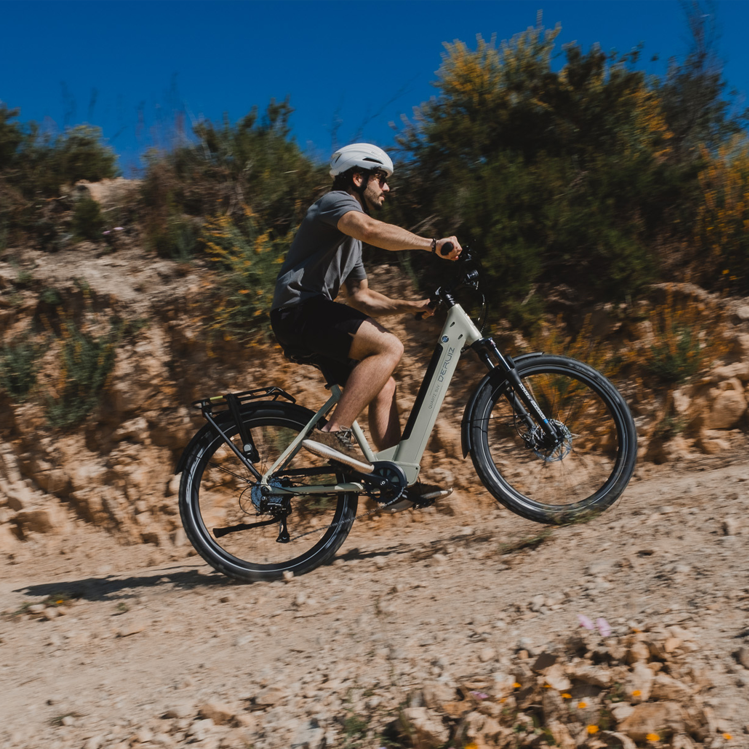 Mann mit Helm fährt E-Bike auf Feldweg mit grünen Büschen.