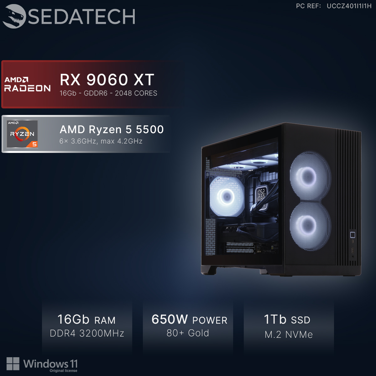 Black gaming PC with illuminated fans and AMD components.