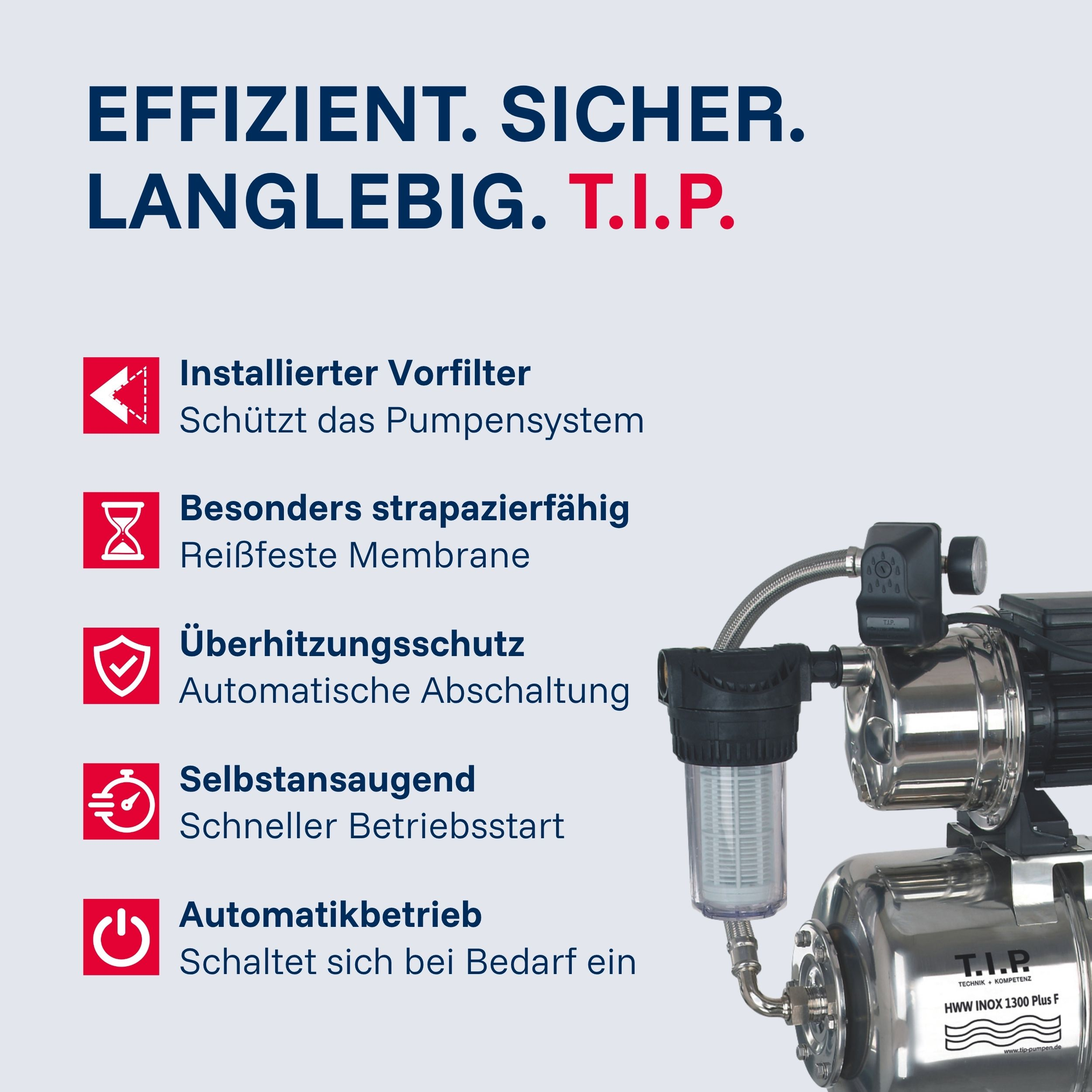 Wasserpumpe mit Merkmalen: Vorfilter, strapazierfähig, Überhitzungsschutz, Selbstansaugend, Automatikbetrieb.