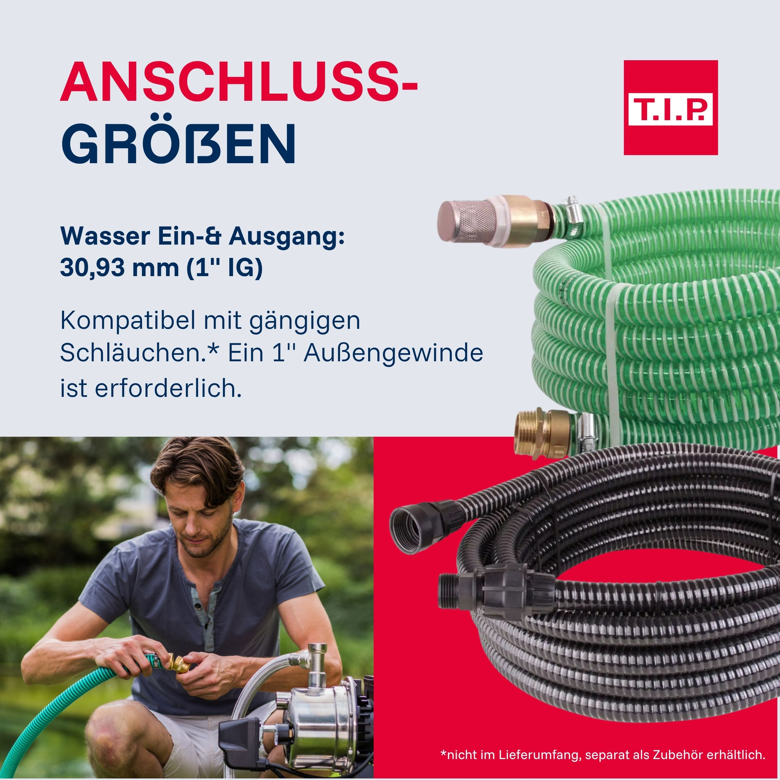 Anschlussgrößen: Grüne und schwarze Schläuche, Mann verbindet Schlauch mit Pumpe.