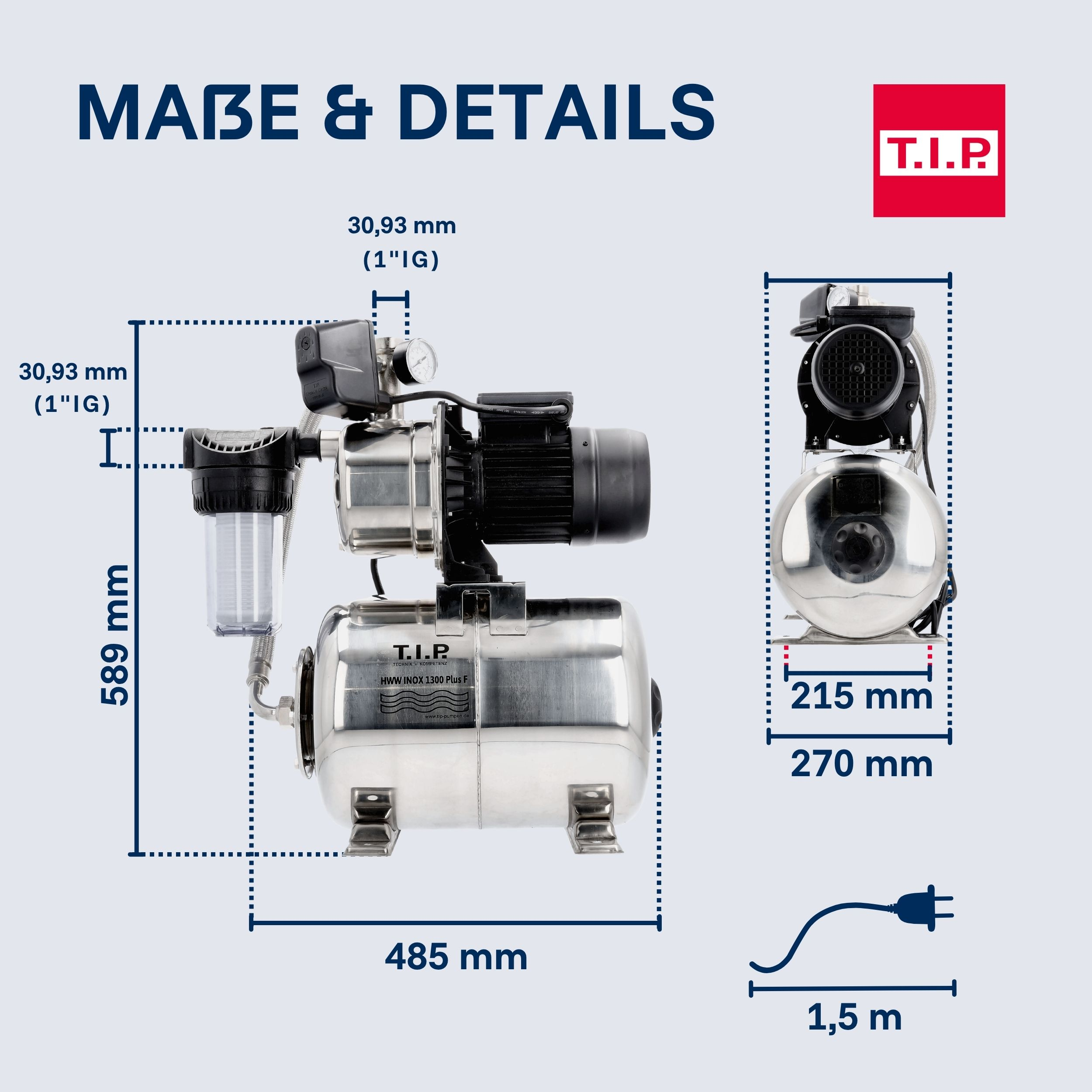 Eine Edelstahl-Wasserpumpe mit Messgerät, Filter und Kabel. Maße sind angegeben.