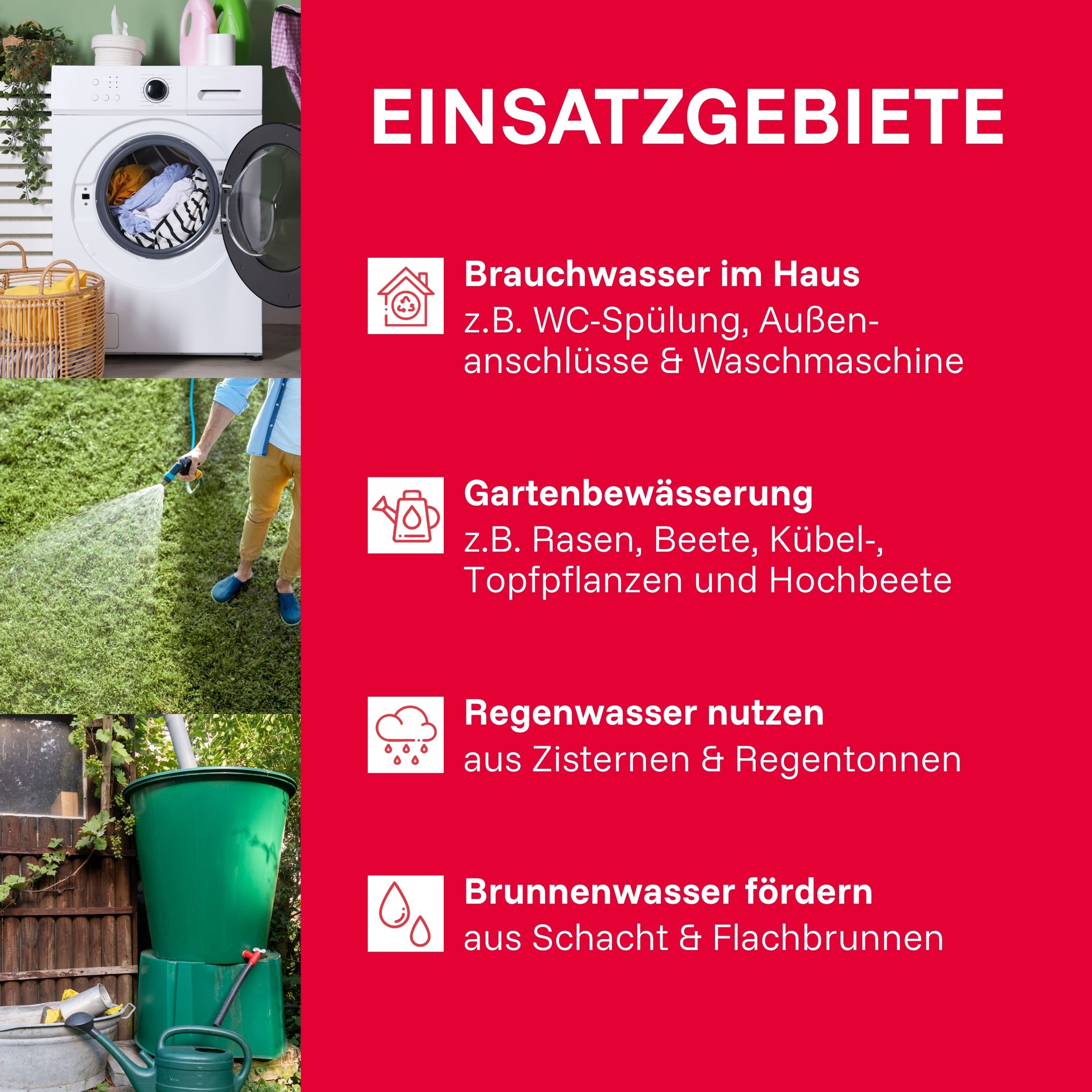 Anwendungsbereiche: Hauswasser, Gartenbewässerung, Regenwassernutzung, Brunnenwasserförderung.