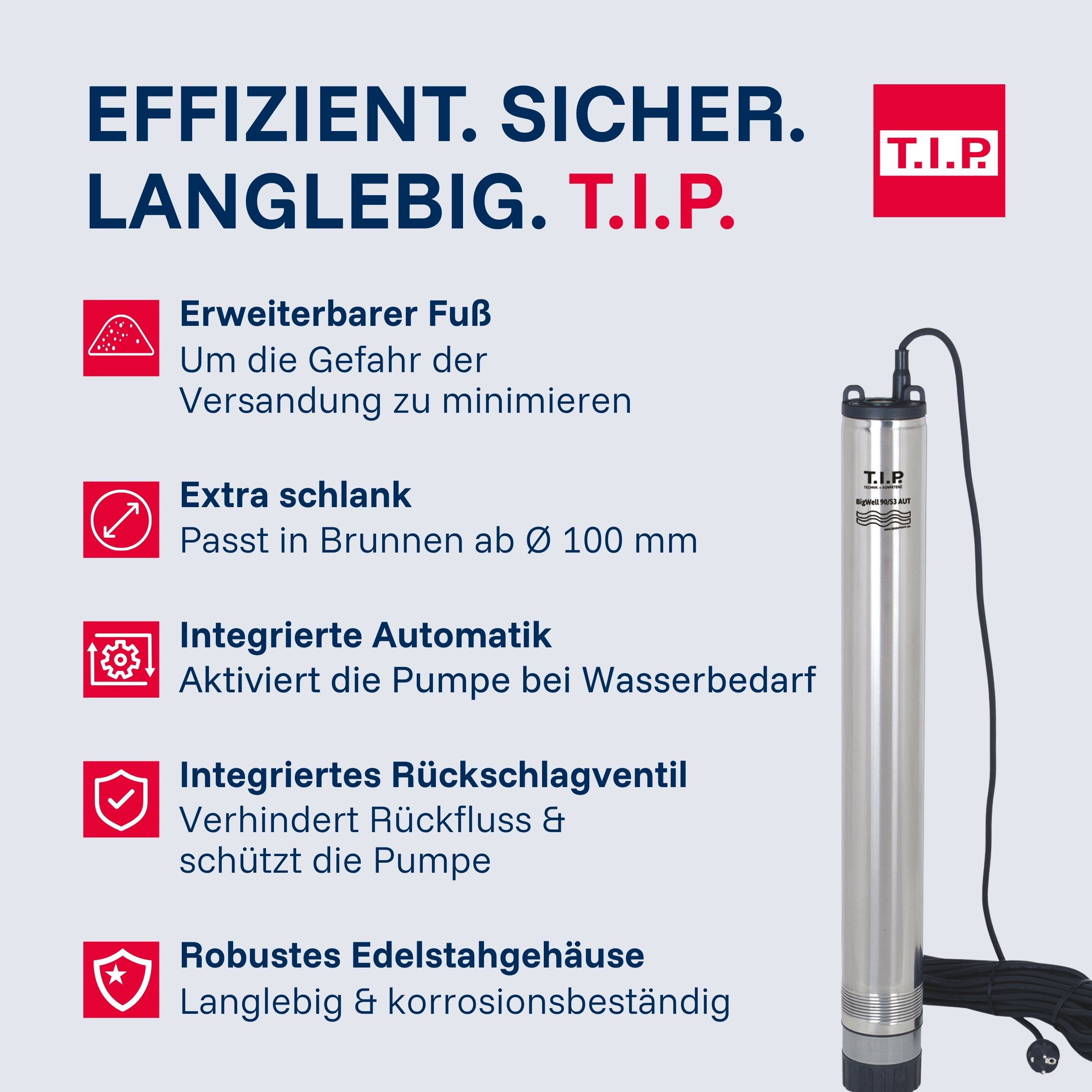 Edelstahlpumpe mit Kabel und Stecker, detaillierte Merkmale auf Deutsch.