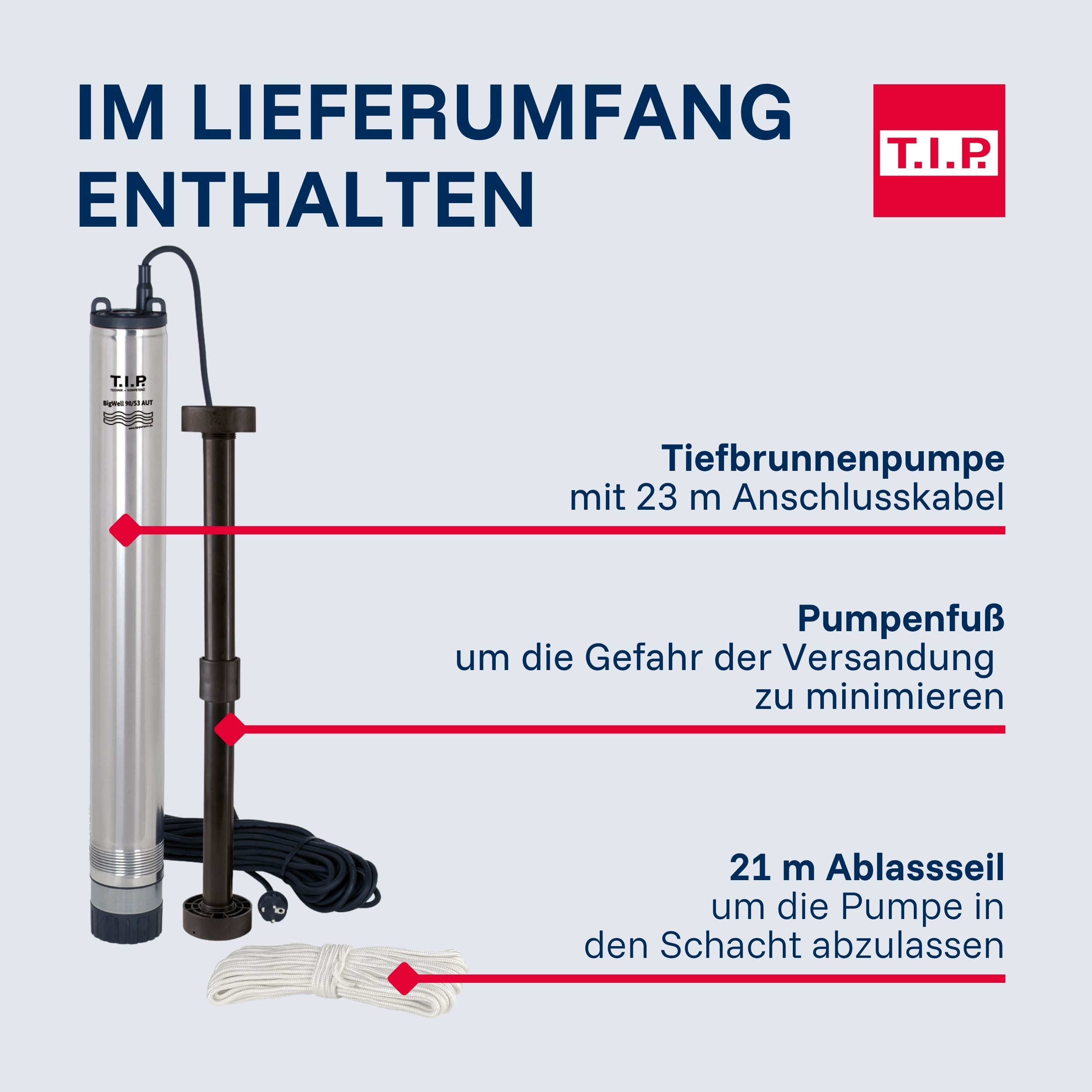 Tauchpumpe mit 23m Kabel, Fuß, und 21m Seil für den Schacht.