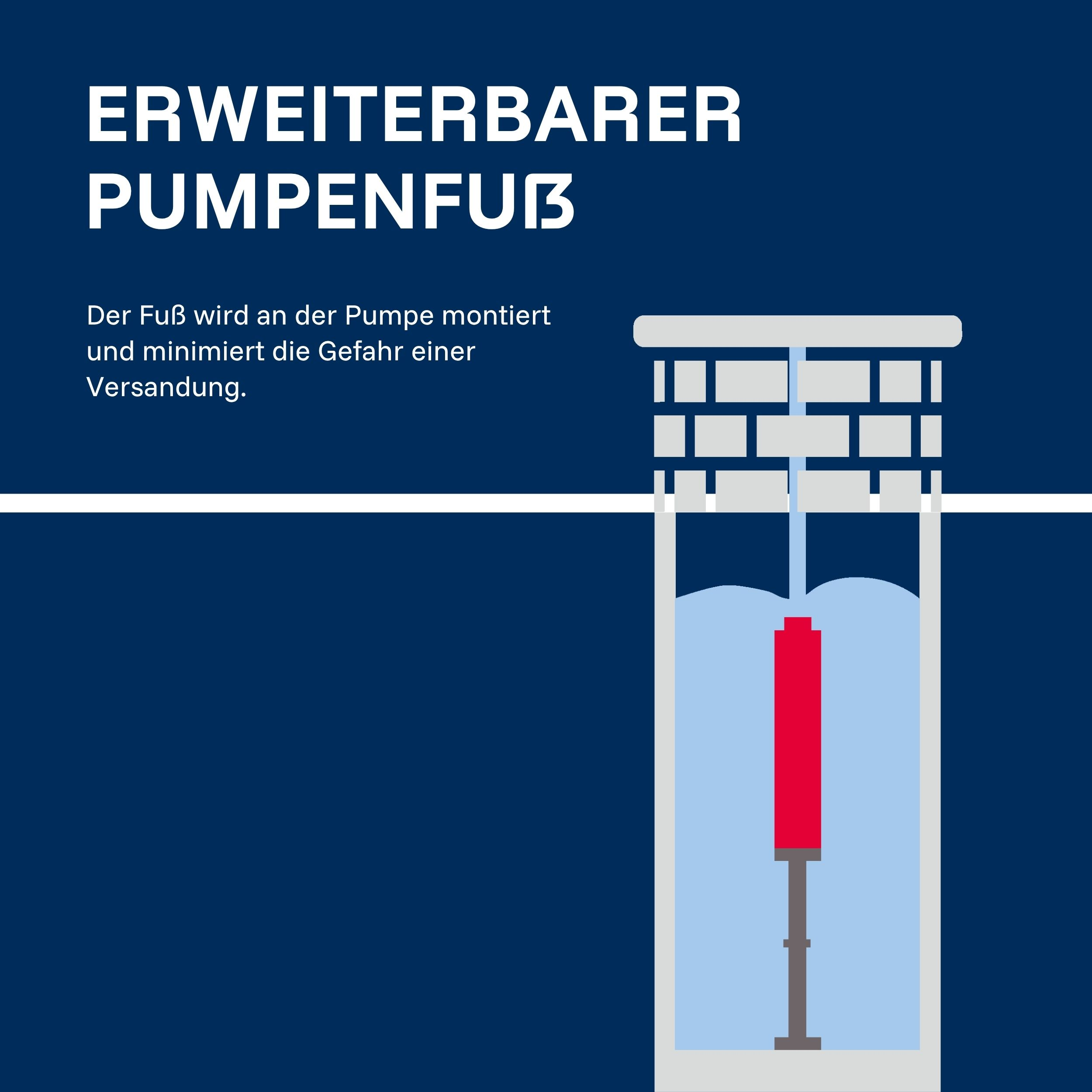 Erweiterbarer Pumpenfuß mit einem roten Kolben in einem Wasserbehälter.