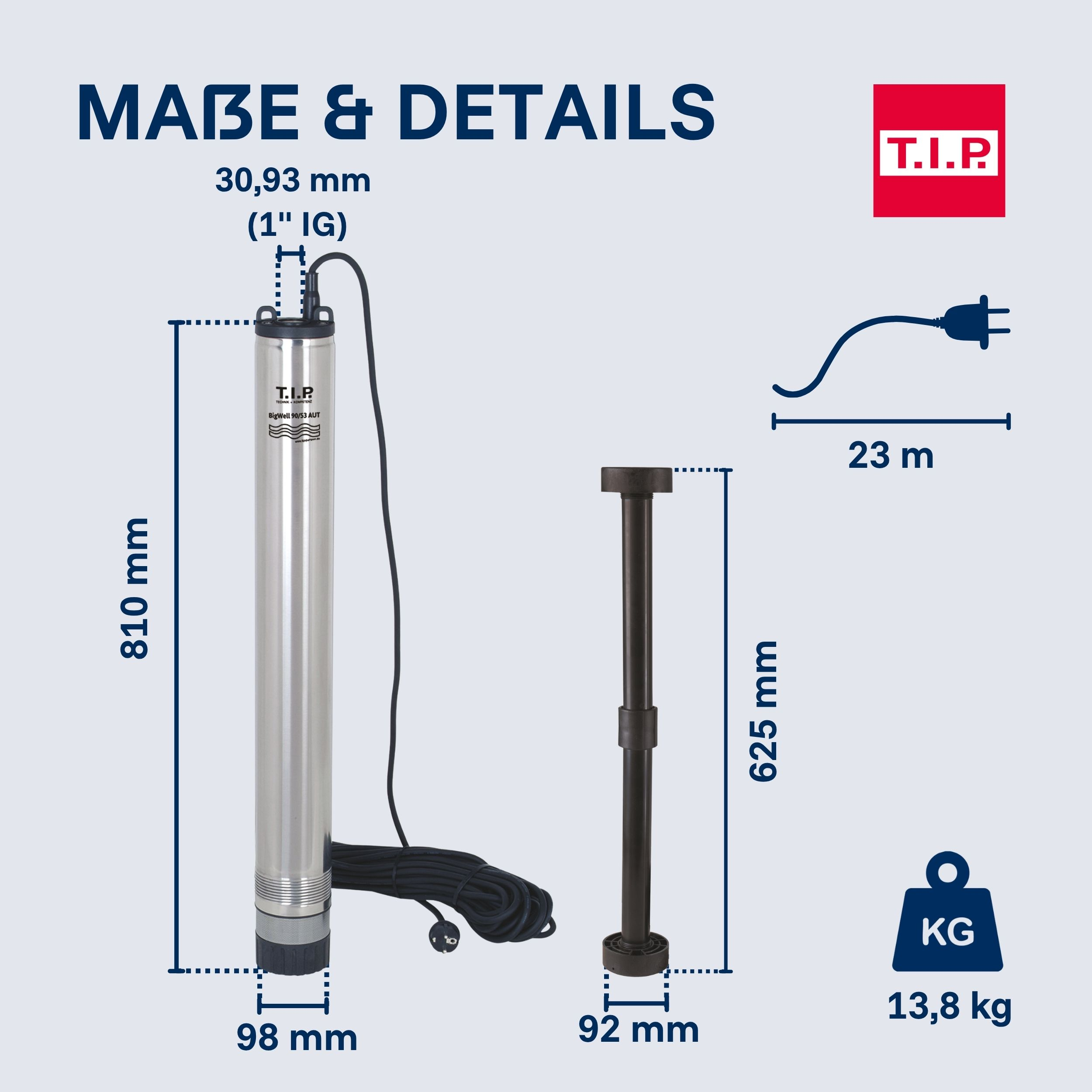 Eine Tauchpumpe mit Maßen: 810mm Höhe, 98mm Breite, 30,93mm Anschluss.