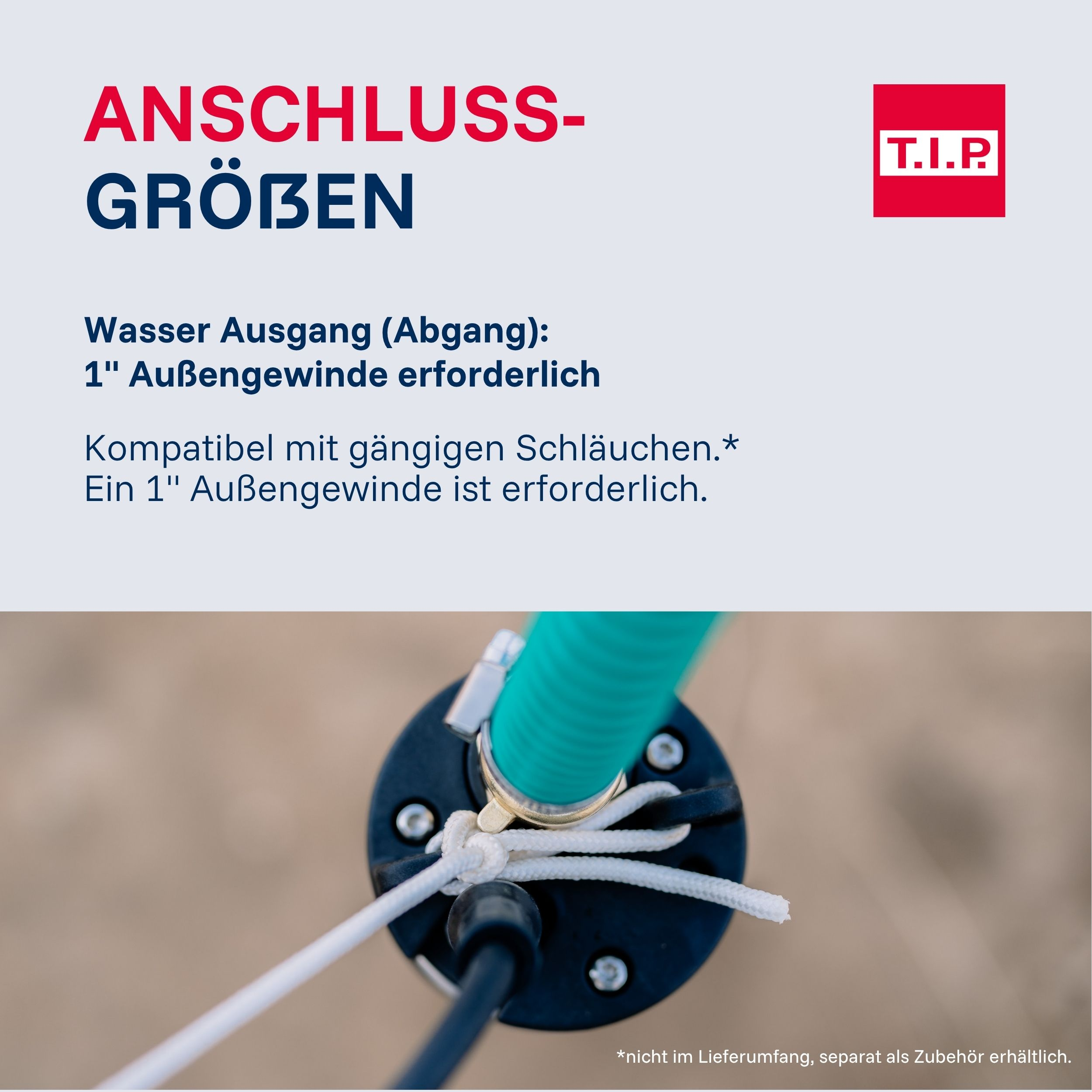 Nahaufnahme eines grünen Schlauchs, der an ein schwarzes Gerät angeschlossen ist. Text über Anschlüsse.