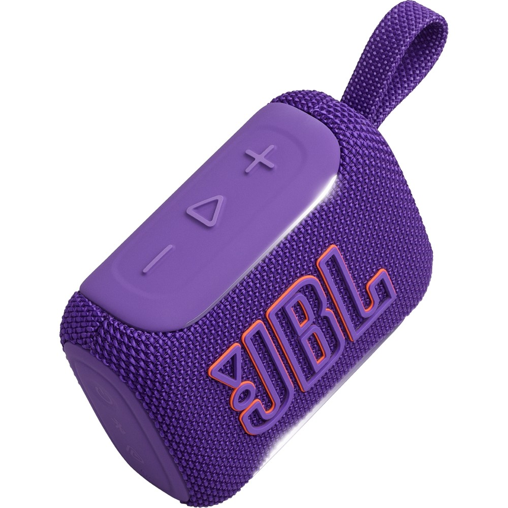 Lila JBL-Lautsprecher mit Schlaufe und Bedientasten.