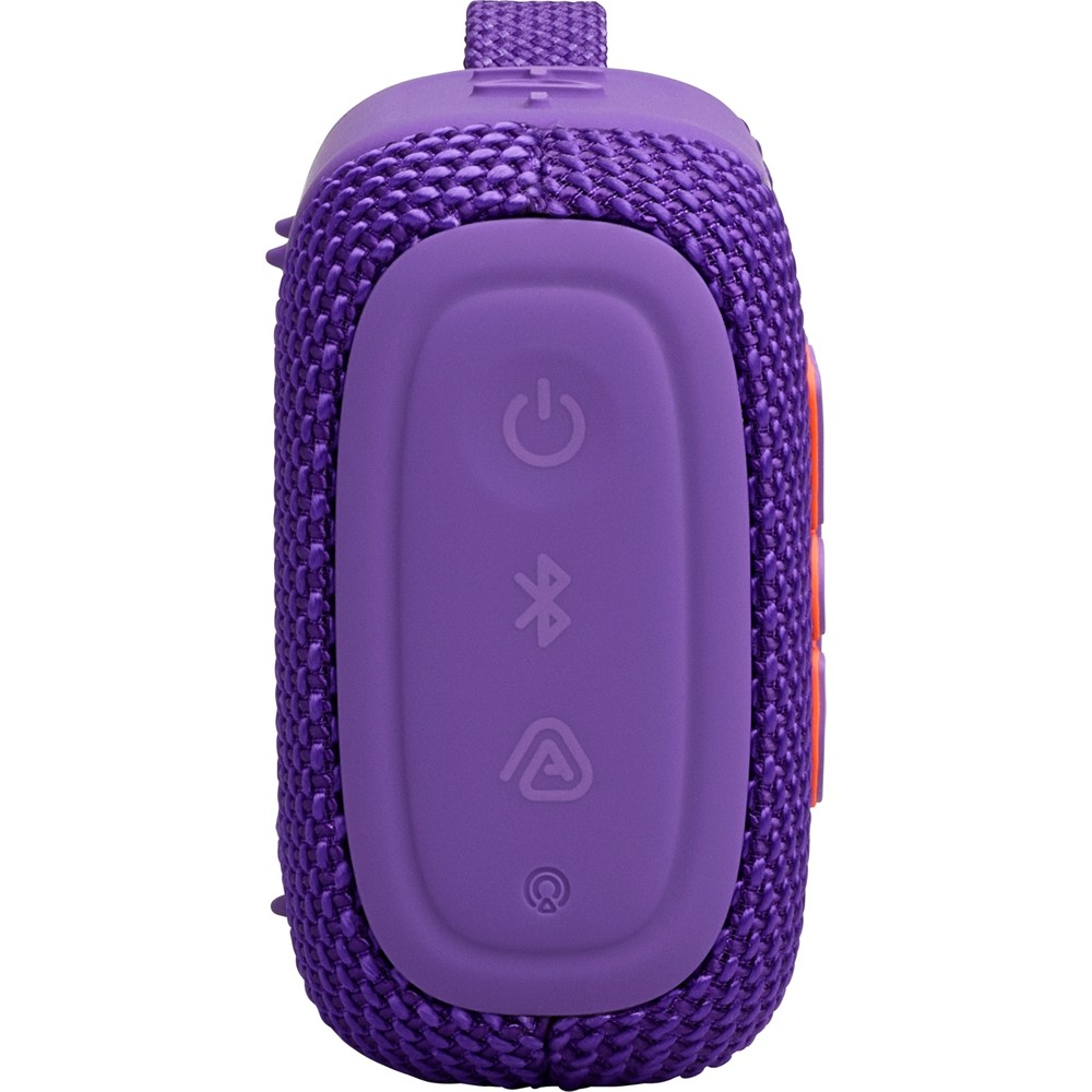 Lila Bluetooth-Lautsprecher mit Power-, Bluetooth- und Akku-Symbolen.