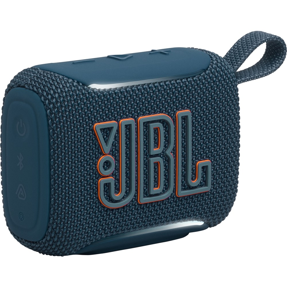 Dunkelblauer JBL Lautsprecher mit orangefarbenen Logo und Trageschlaufe.
