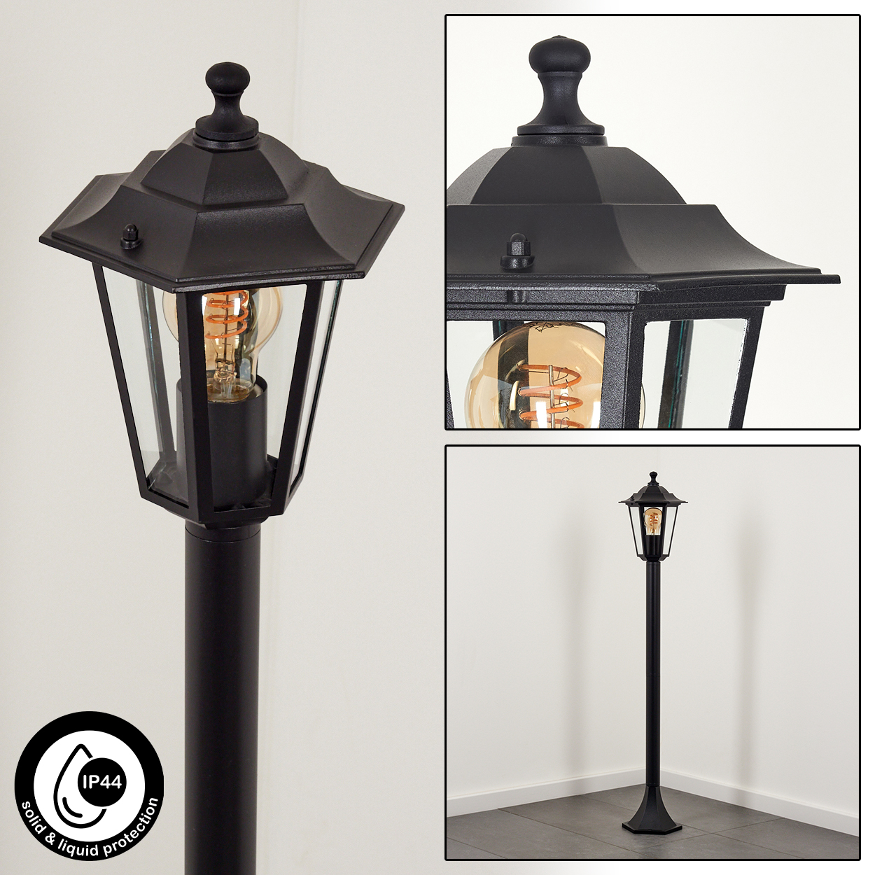 Schwarze Laternen-Stehleuchte mit Glasscheiben und Edison-Glühbirne.