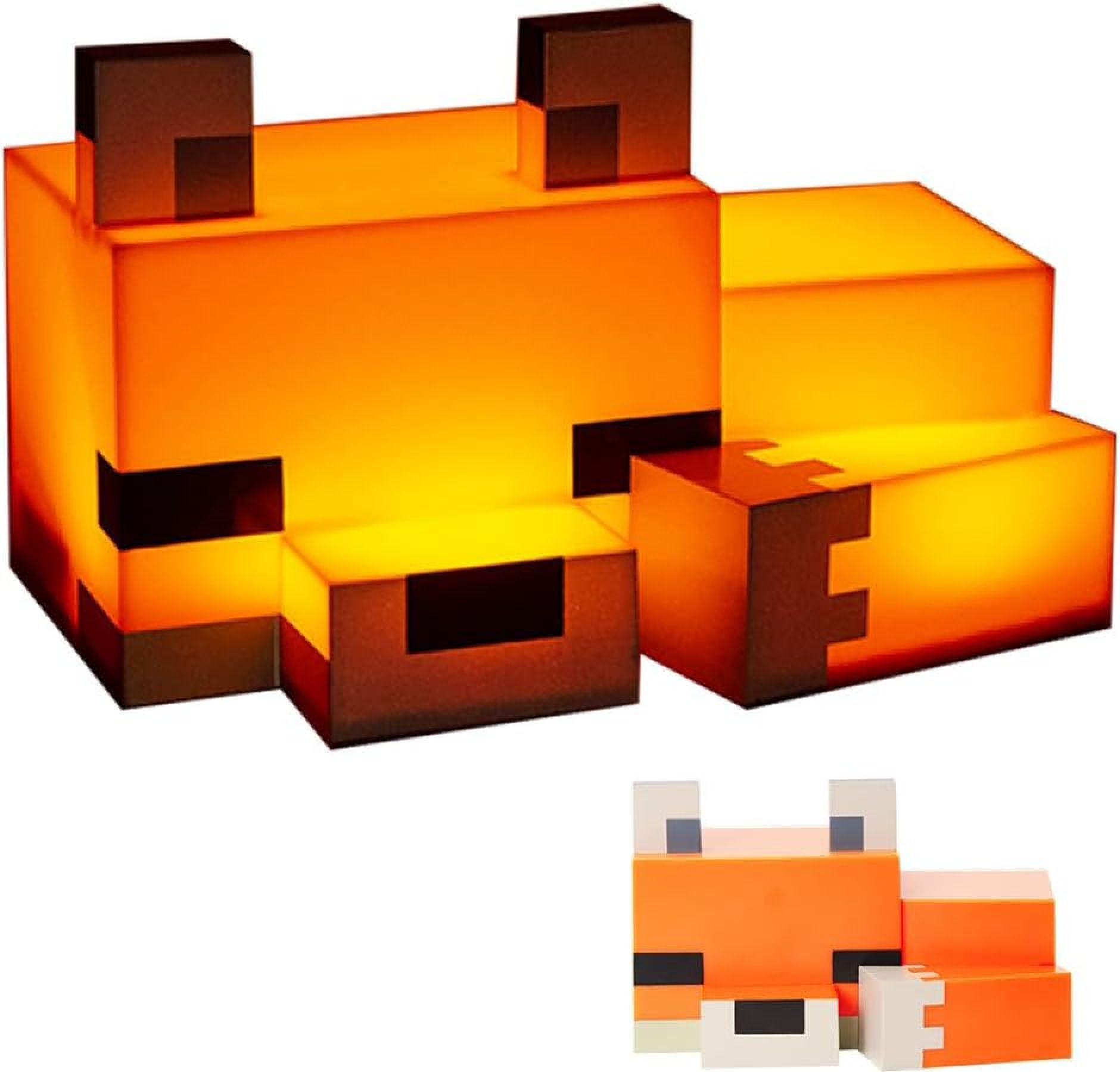 Eine leuchtende orangefarbene Fuchsfigur im Minecraft-Stil mit dunklen Akzenten.