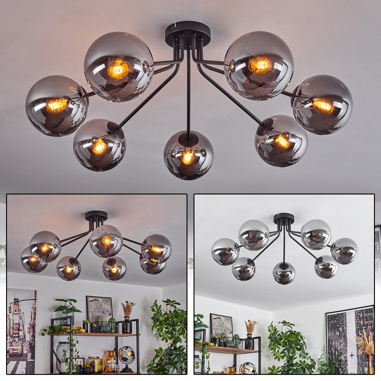 Eine moderne Deckenleuchte mit 7 rauchgrauen Glaskugeln und schwarzen Metallarmen.