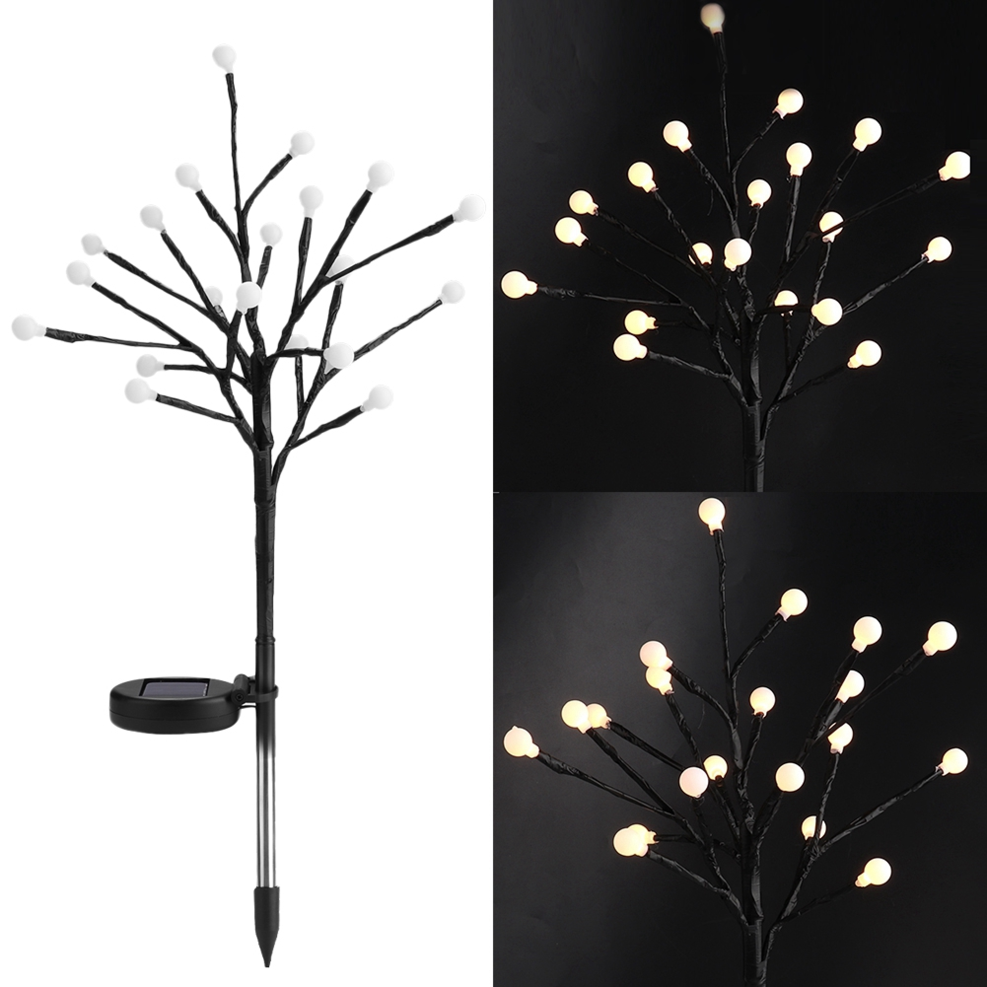 Ein Baum mit schwarzen Ästen und weißen Kugelleuchten, an einem Stab mit Solarmodul.