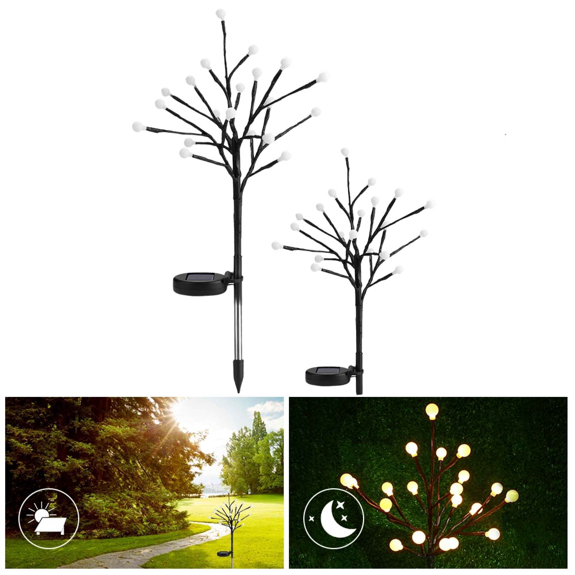 Zwei Solar-Baumleuchten mit weißen Kugellampen auf schwarzem Astwerk, eine mit Erdspieß, eine im Garten.