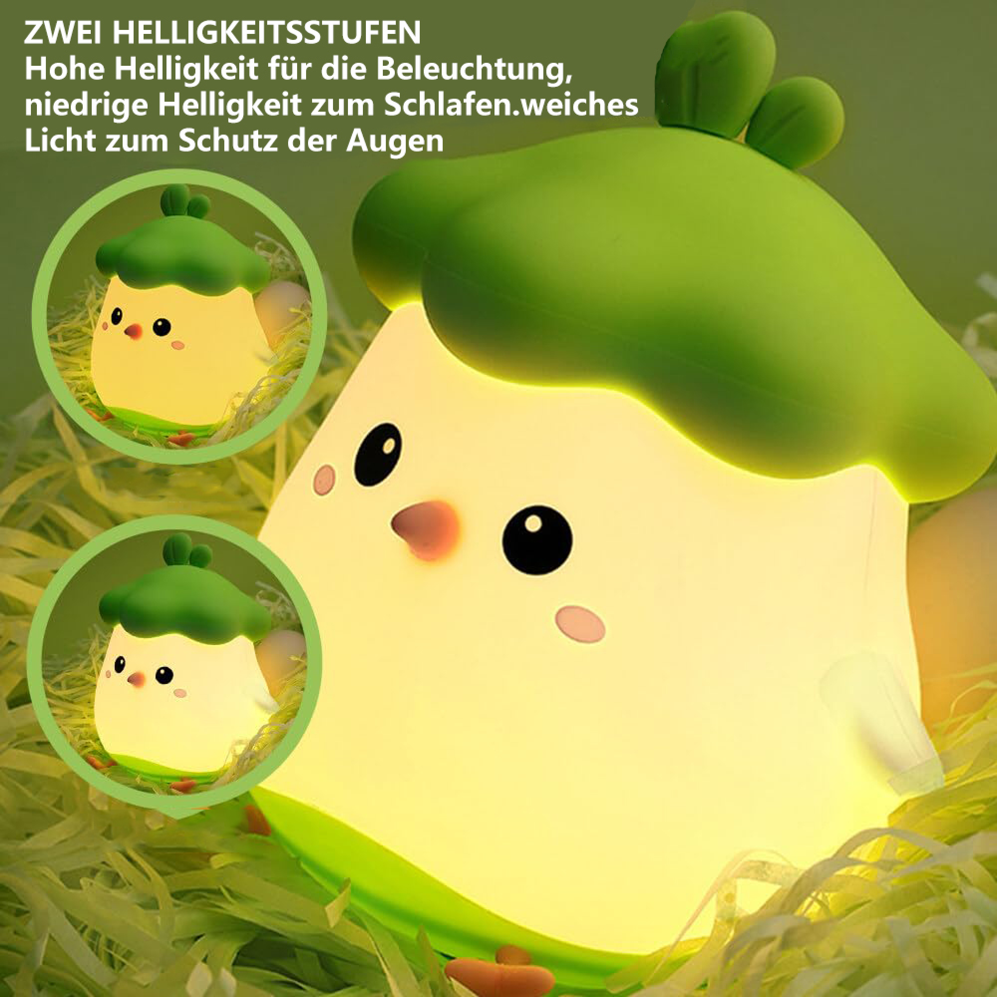 Niedliche Kükenlampe mit zwei Helligkeitsstufen auf grasähnlichem Untergrund.