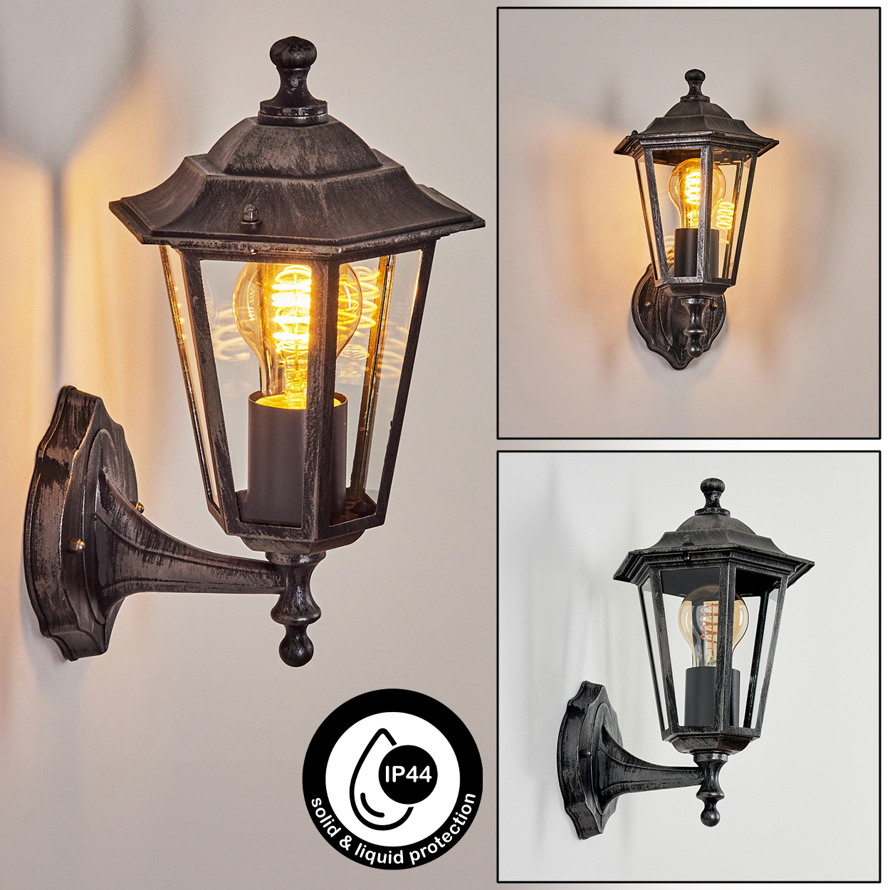 Eine schwarze Außenlaterne mit Edison-Birne. IP44-zertifiziert.