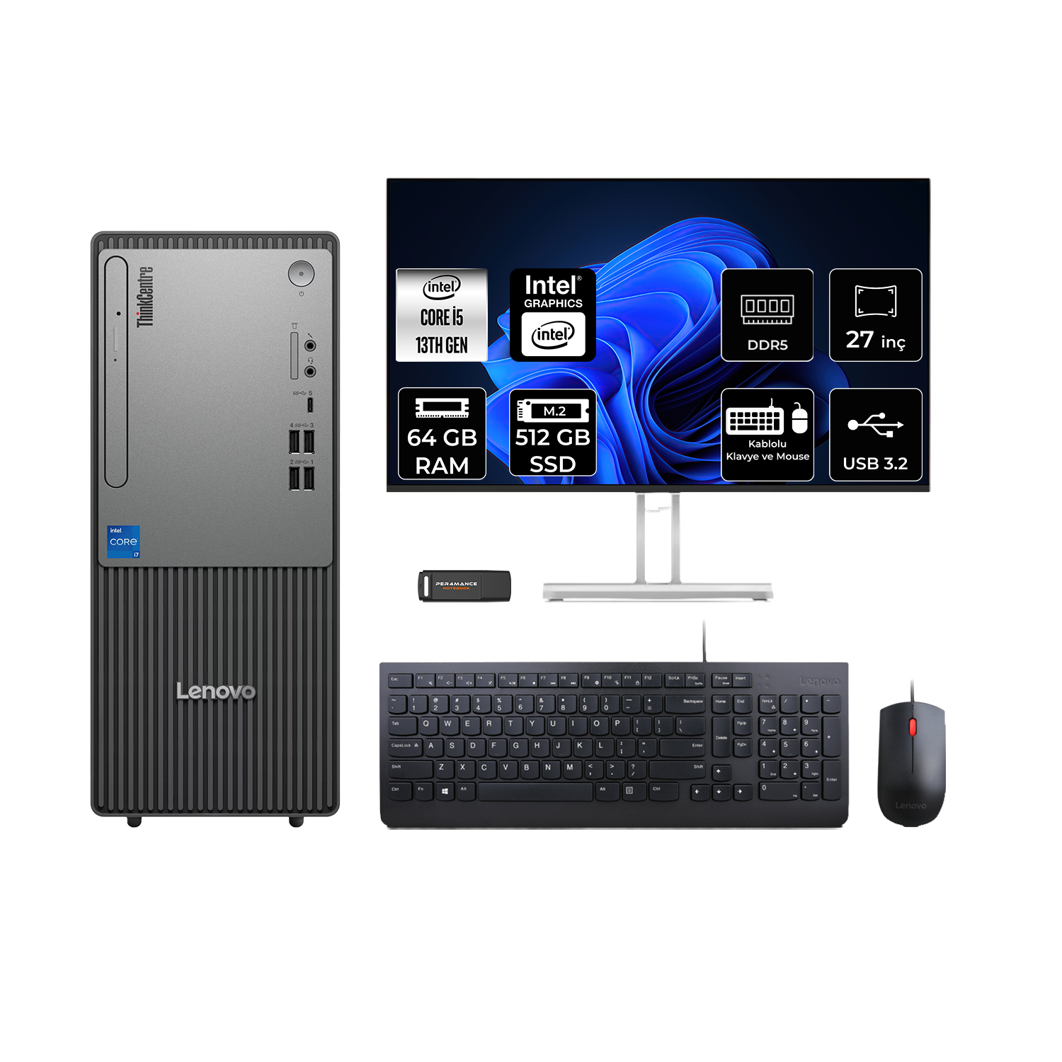 LENOVO ThinkCentre Neo 50T 27" 12UB000BTRP913 PER4 Bellek Intel Core i5-13400 64 GB RAM 512 GB SSD FreeDOS Masaüstü Bilgisayar
