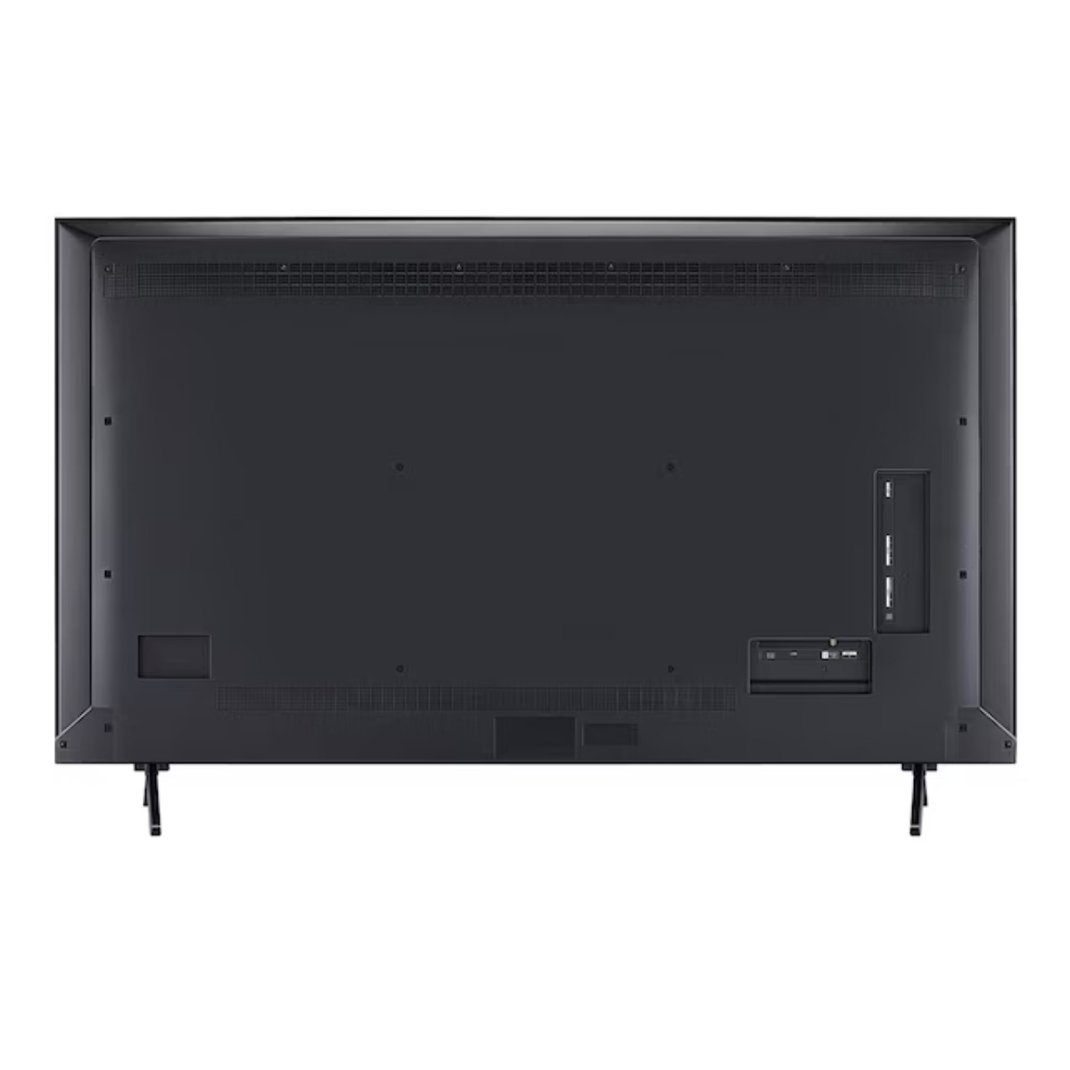 Achterkant van een donkergrijze flatscreen-tv met twee zwarte poten. Poorten rechts zichtbaar.