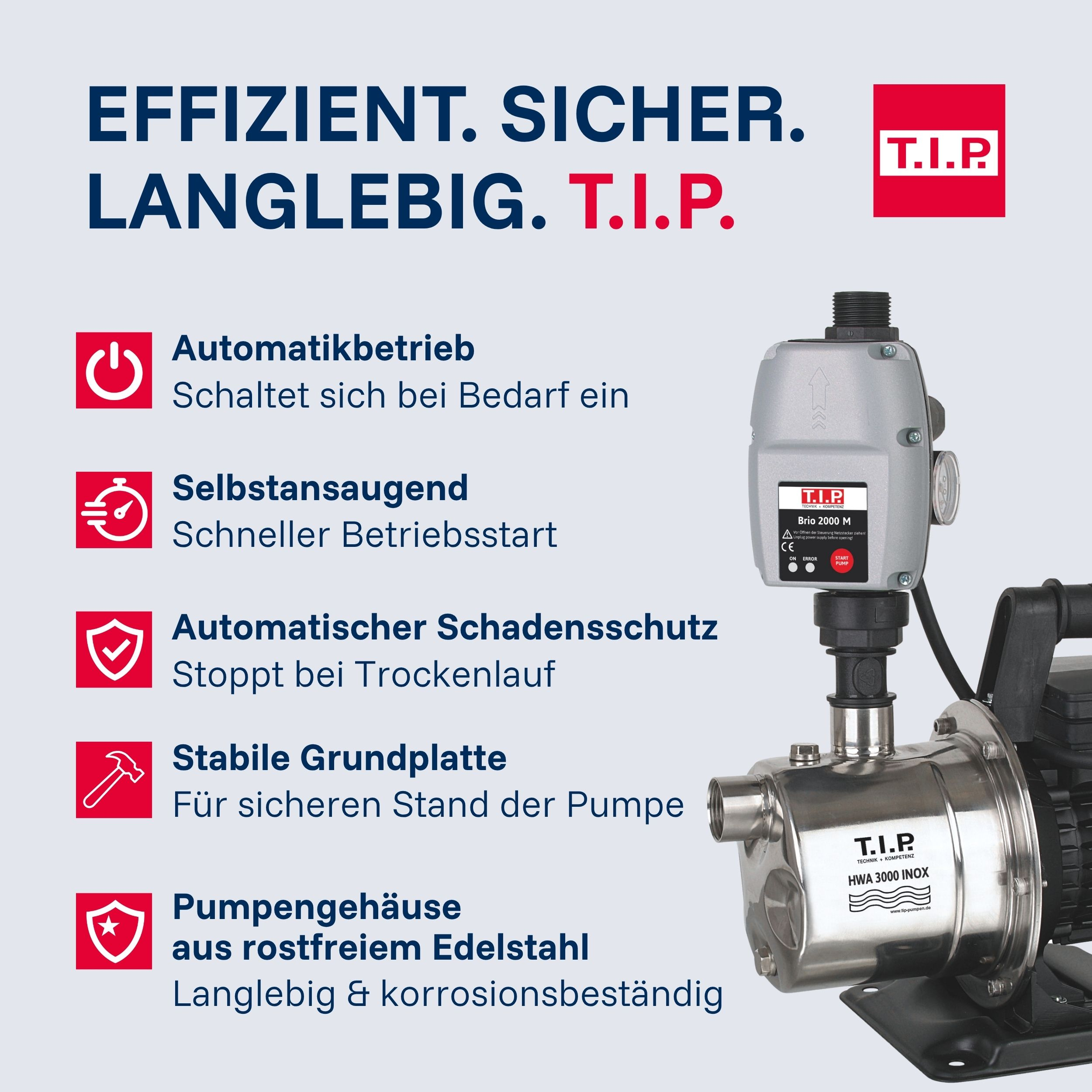 Eine Edelstahlpumpe mit silbernem Steuergerät und T.I.P. Logo.