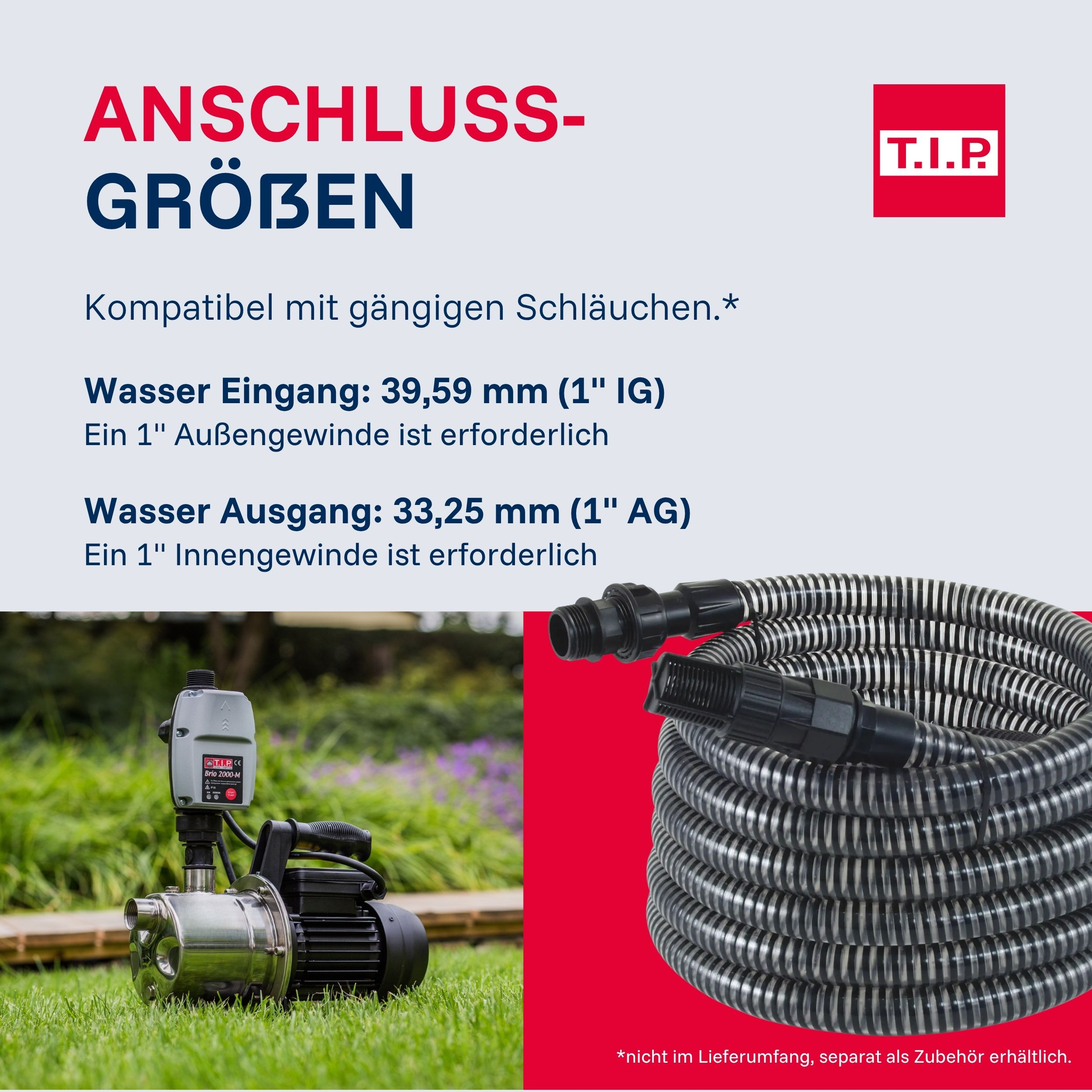 Anschlussgrößen mit Wasserpumpe und Schlauch. T.I.P. Logo.