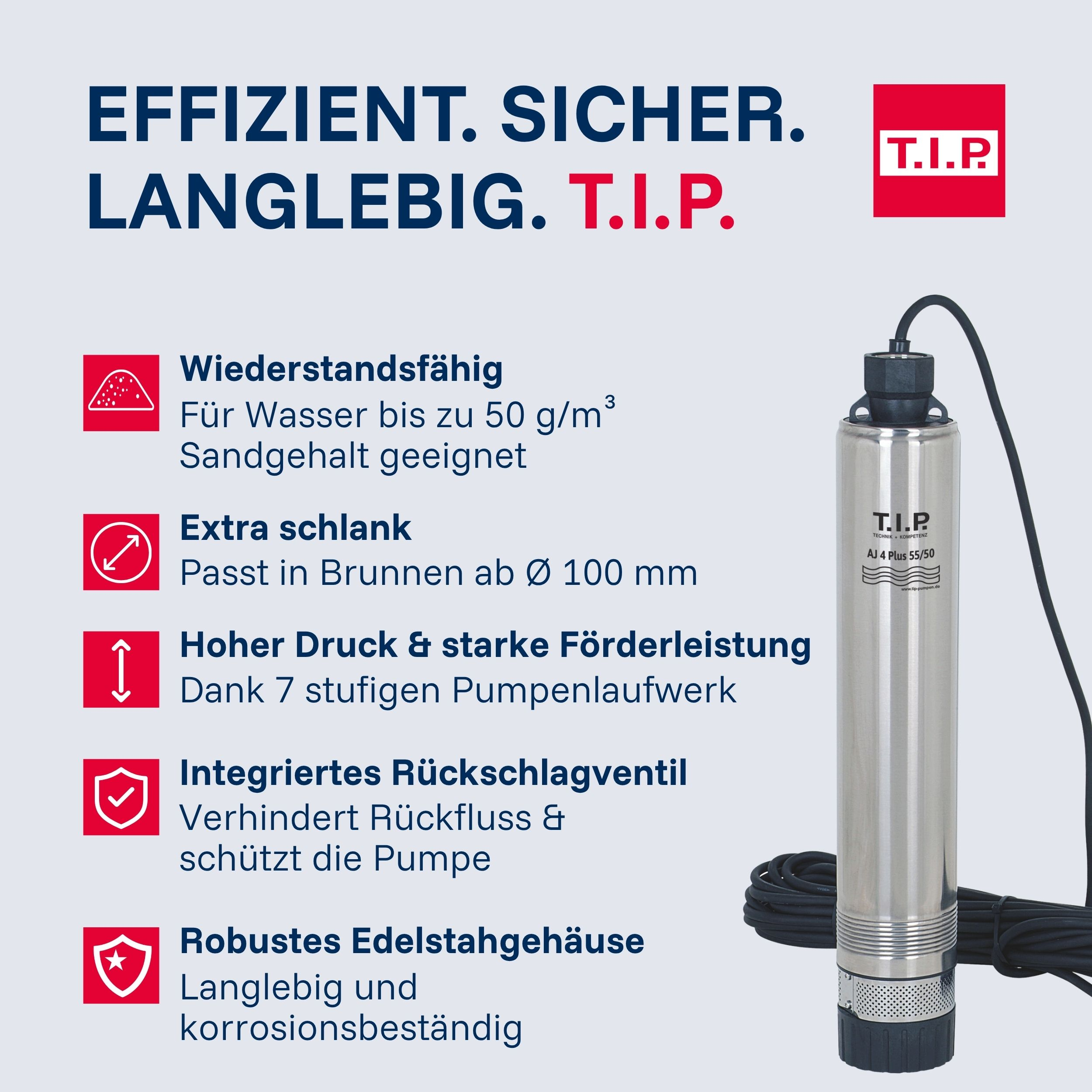 Edelstahlpumpe mit T.I.P.-Logo, effizient, sicher, langlebig.