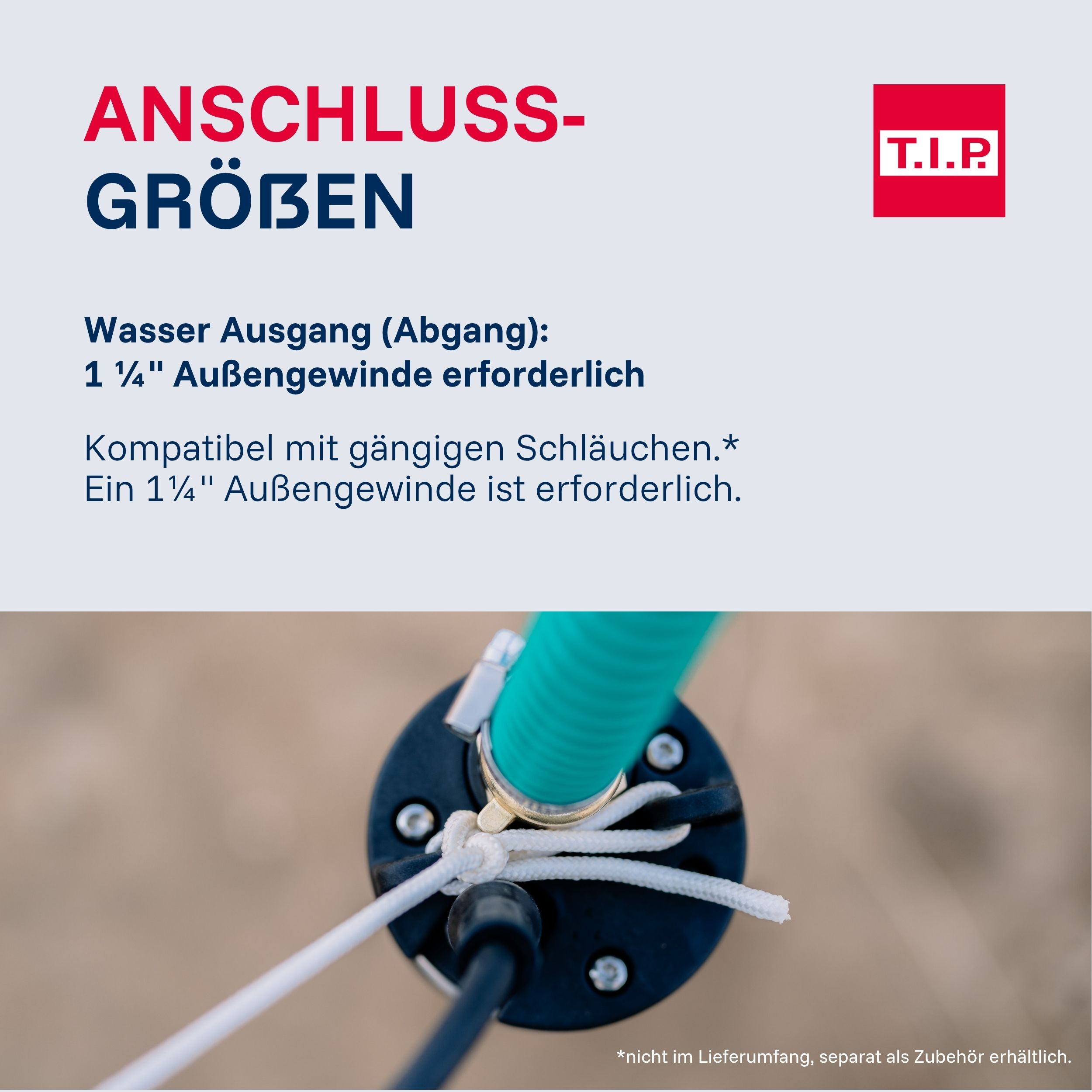 Ein grüner Schlauch ist an einem schwarzen Anschluss befestigt. T.I.P. Logo.