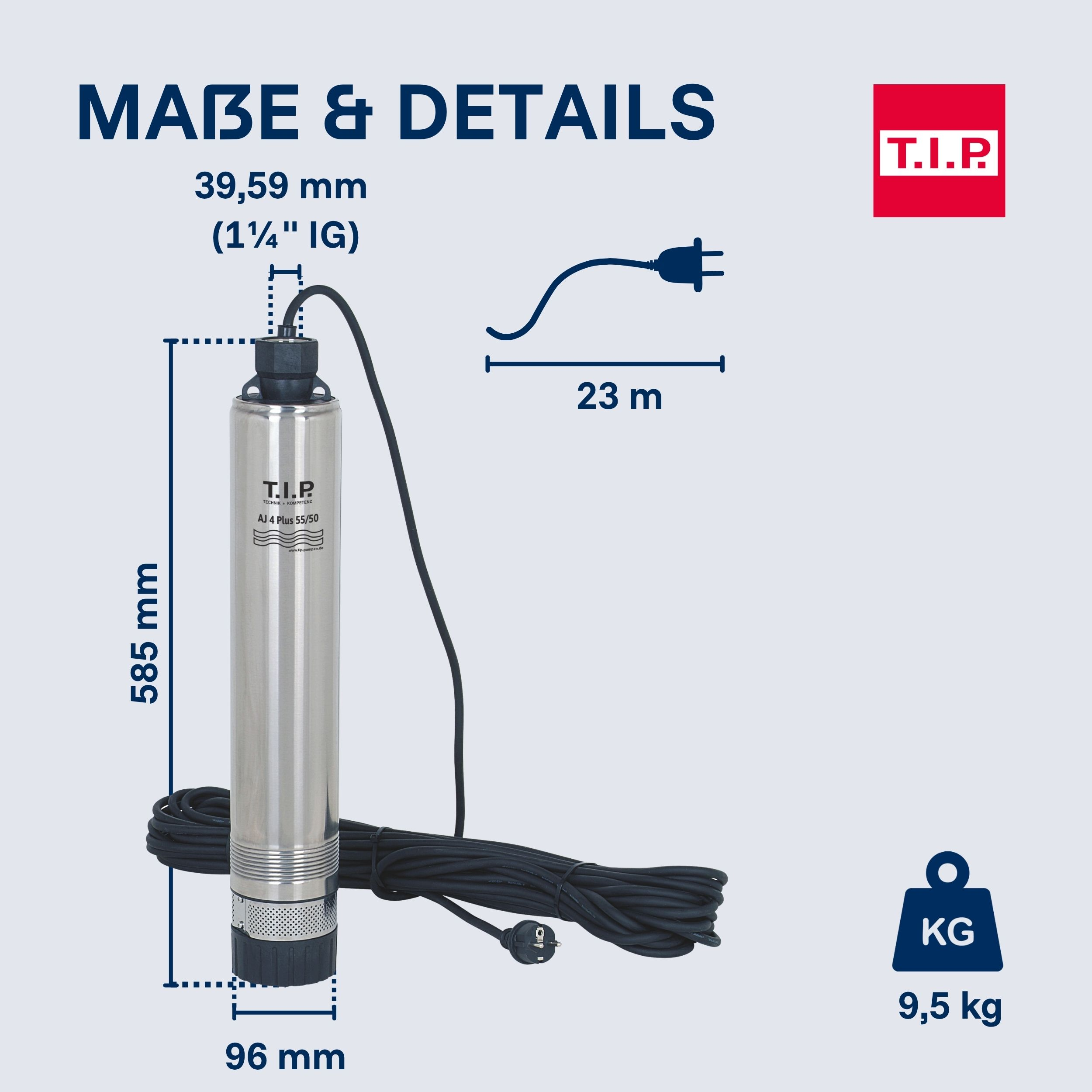 Edelstahlpumpe mit Kabel (23m), Maßen 585x96mm, 39,59mm Anschluss, 9,5kg.