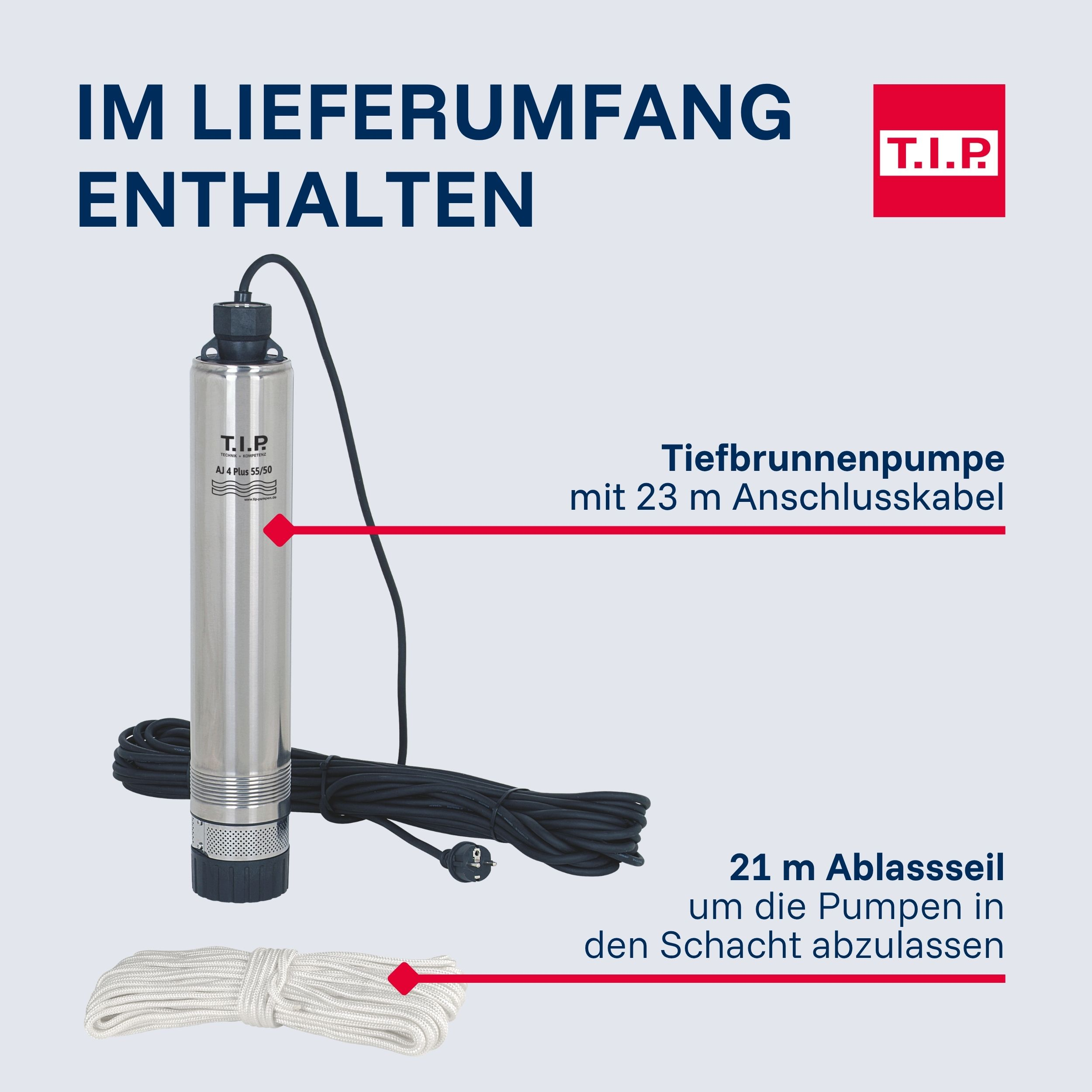 Tiefbrunnenpumpe mit 23m Kabel und 21m Seil, T.I.P. Logo.