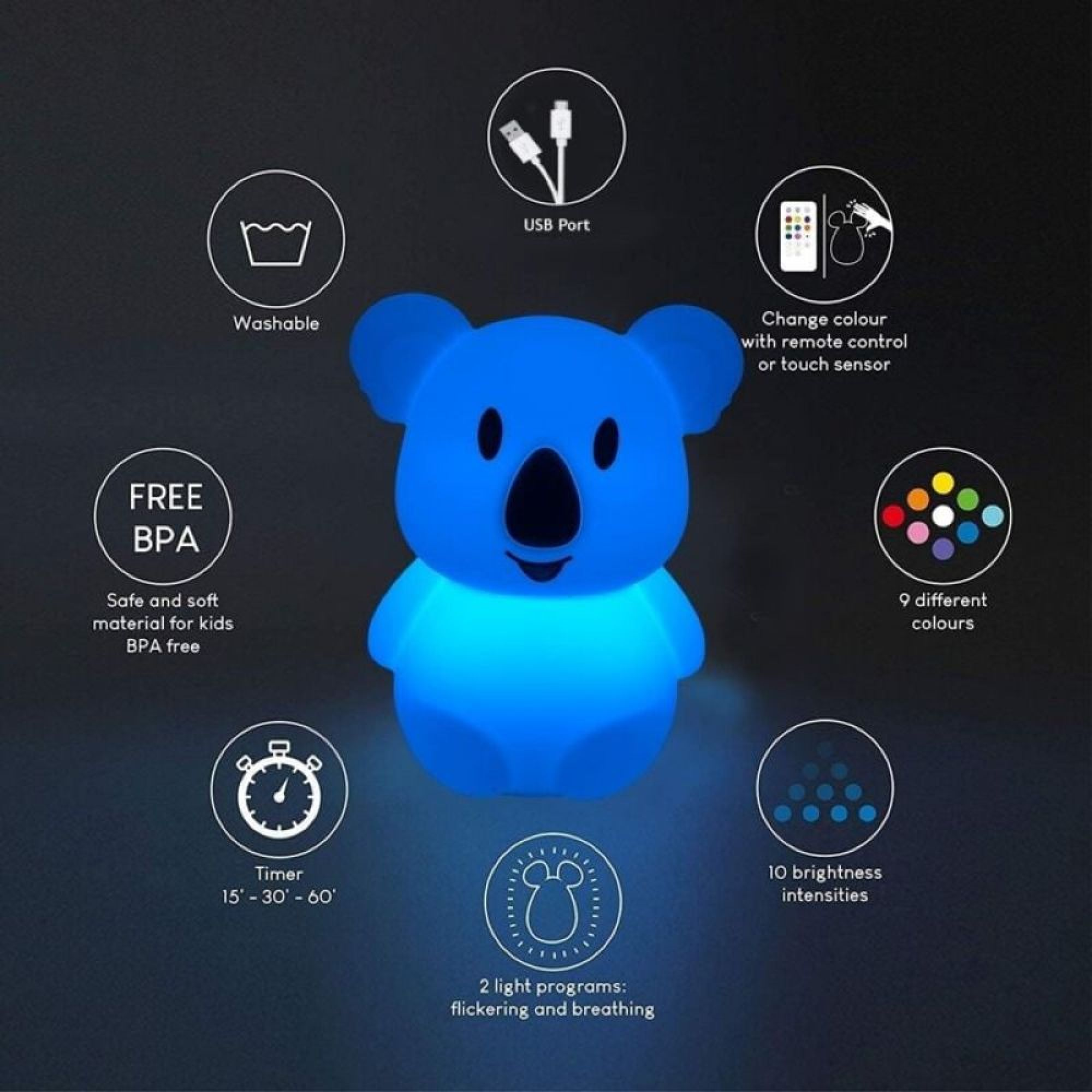 Blaue Koala-Lampe mit Funktionen: USB, Farbwechsel, Timer, 9 Farben, 10 Helligkeiten.