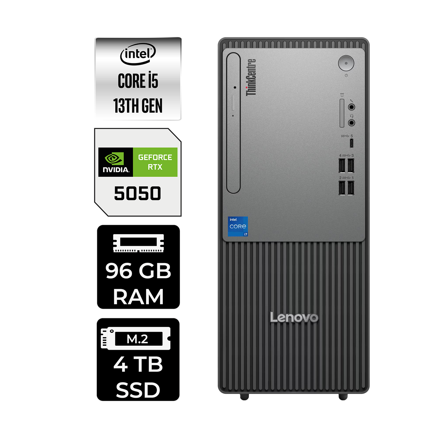 Intel Core i5, 96GB RAM, 4TB SSD ve Nvidia RTX 5050'li Lenovo ThinkCentre PC.