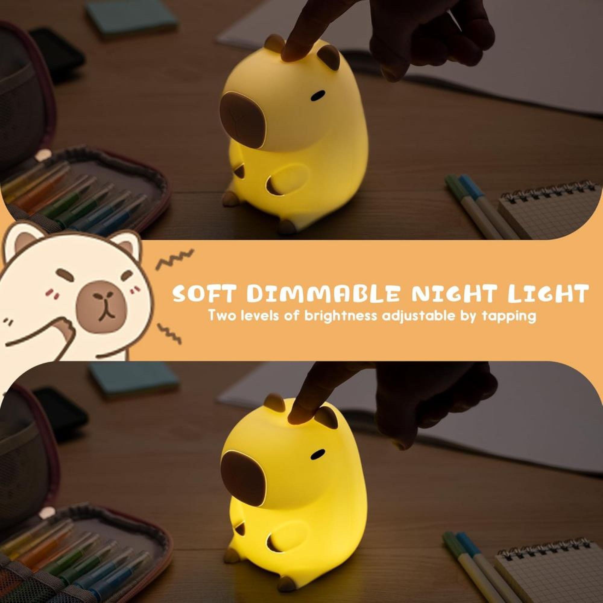Gelbe Nachtlampe in Tierform auf einem Schreibtisch neben Buntstiften.