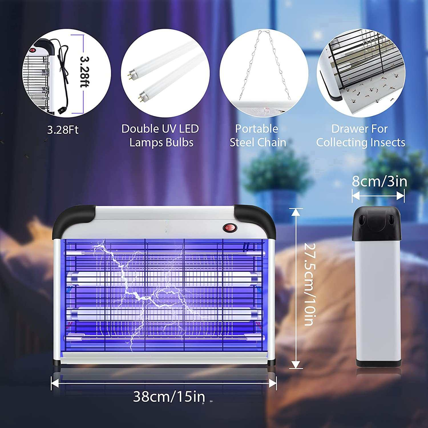 Elektrischer Insektenvernichter mit UV-Licht, Maßen und Funktionen.