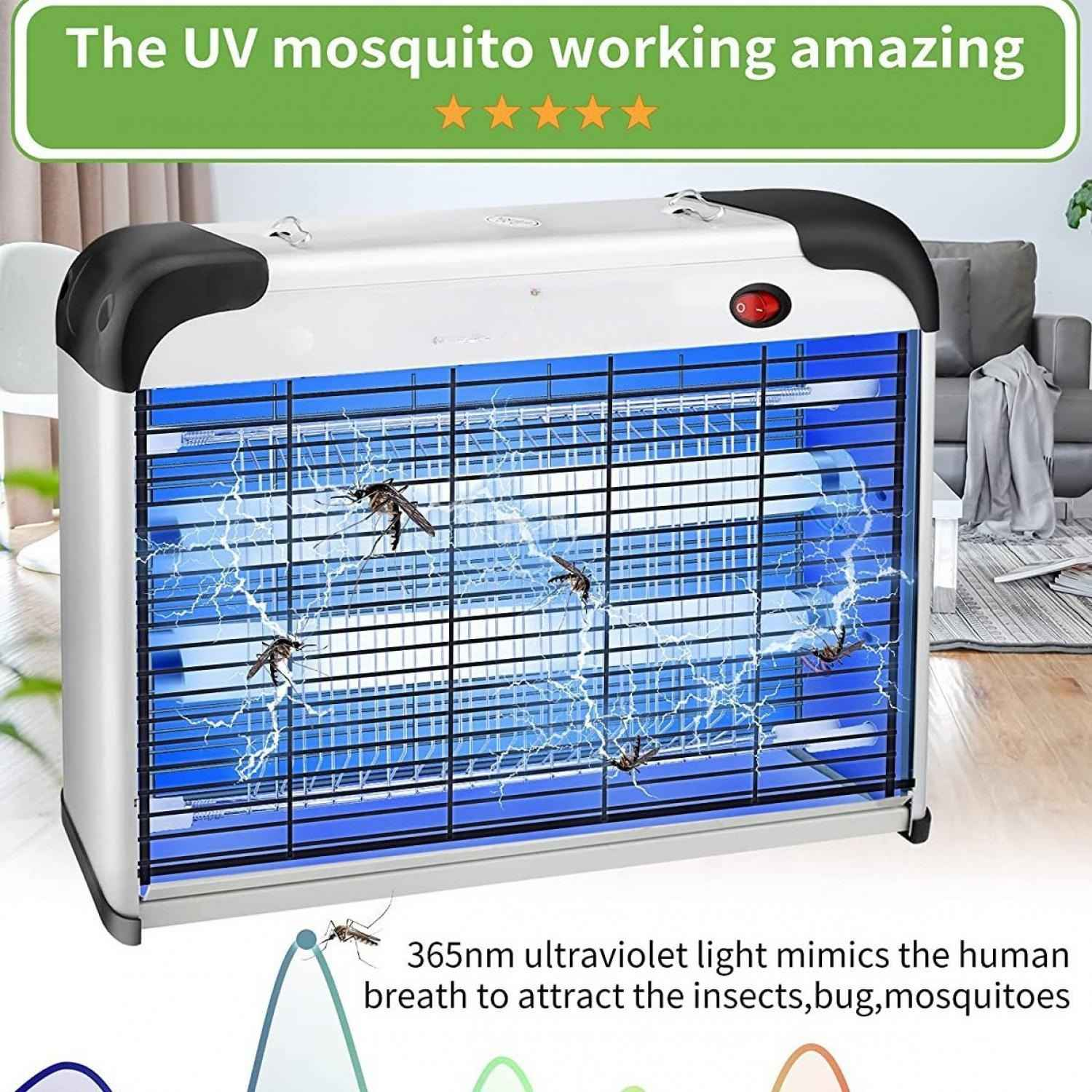 Ein UV-Insektenvernichter mit blauer Beleuchtung und angezogenen Mücken.
