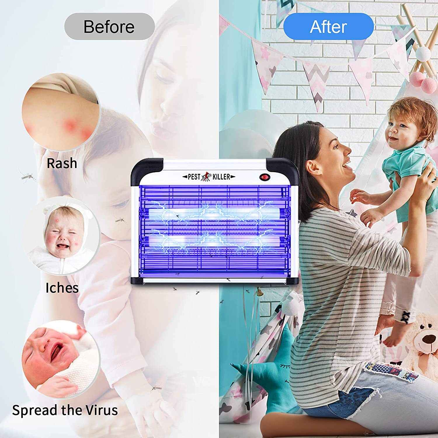 Vorher-Nachher-Vergleich mit Insektenfalle: Babys mit Hautausschlag und weinend, dann eine glückliche Mutter mit Baby.