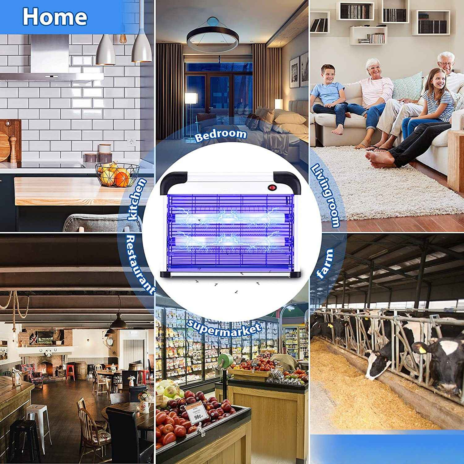Collage zeigt Küche, Schlafzimmer, Wohnzimmer, Restaurant, Supermarkt und Bauernhof mit Insektenvernichter in der Mitte.