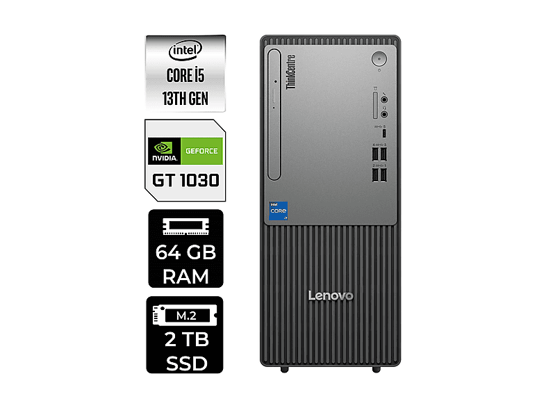 LENOVO ThinkCentre Neo 50T GT1030 4GB 12UB000BTRP435 PER4 Bellek Intel Core i5-13400 64 GB RAM 2 TB SSD FreeDOS Masaüstü Bilgisayar